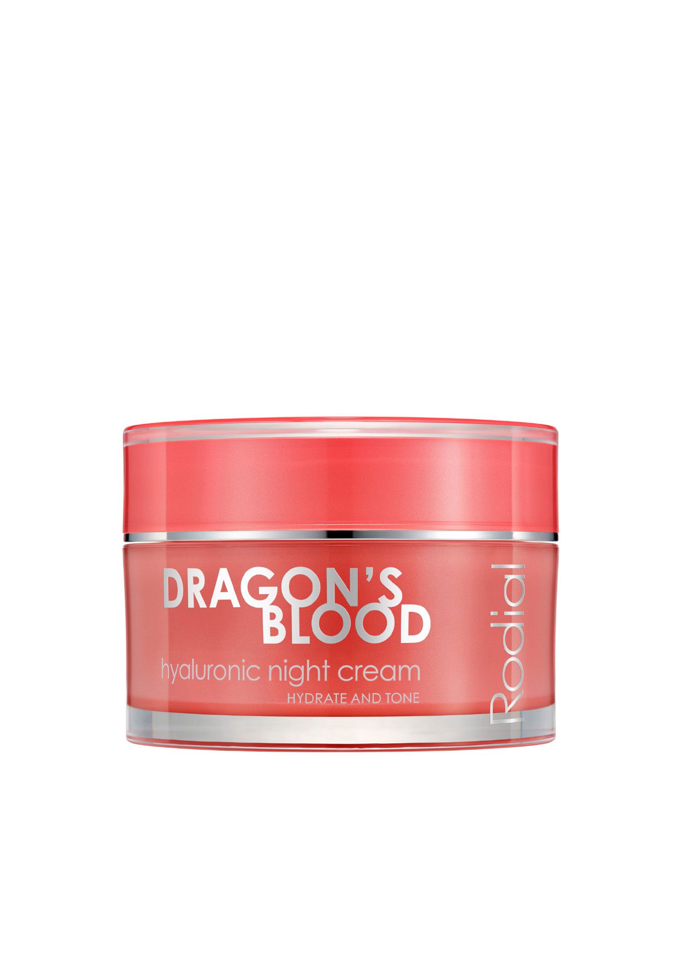 Runde, rote Creme-Dose mit silbernem Deckel. Aufschrift: Dragon's Blood, Hyaluronic Night Cream, Rodial.