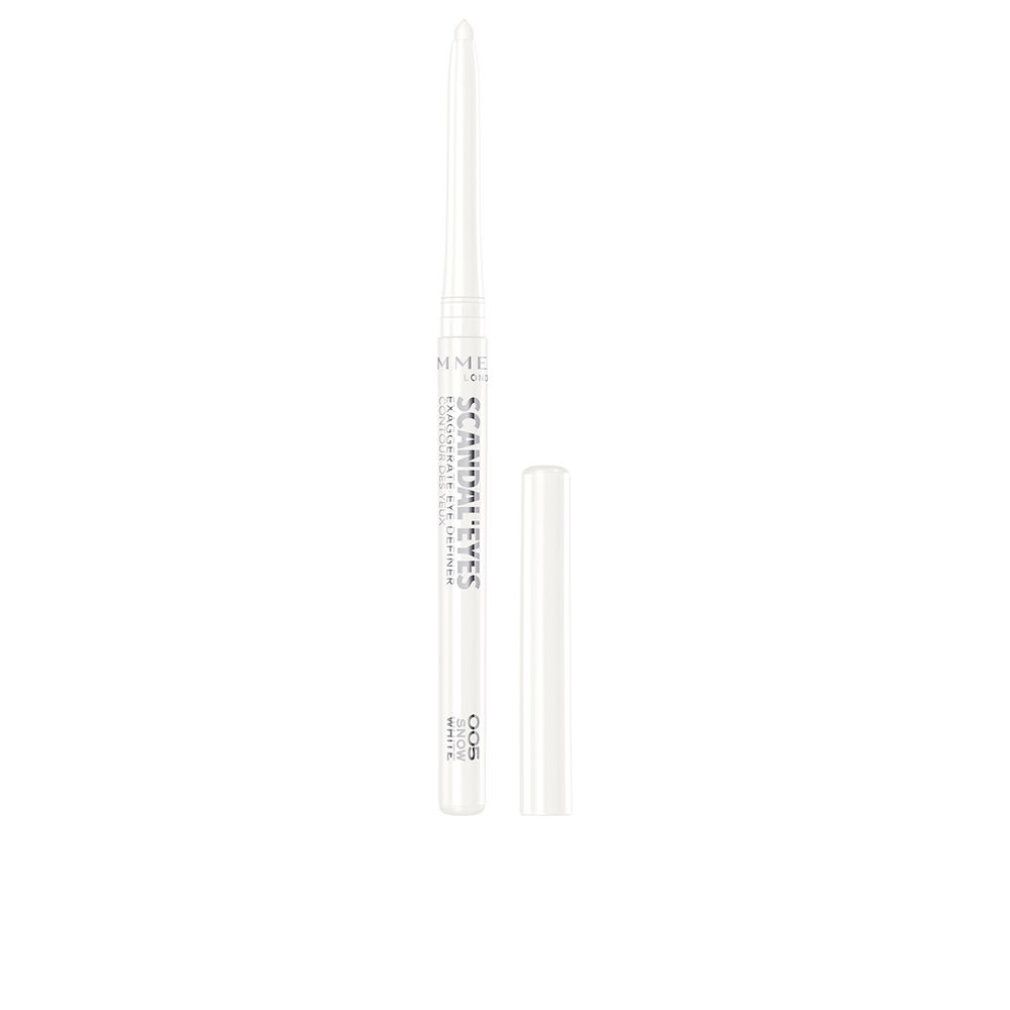 Weißer Eyeliner-Stift mit abgenommener Kappe. Aufschrift: Scandal Eyes, Exaggerate Automatico. Farbcode: 005 White.