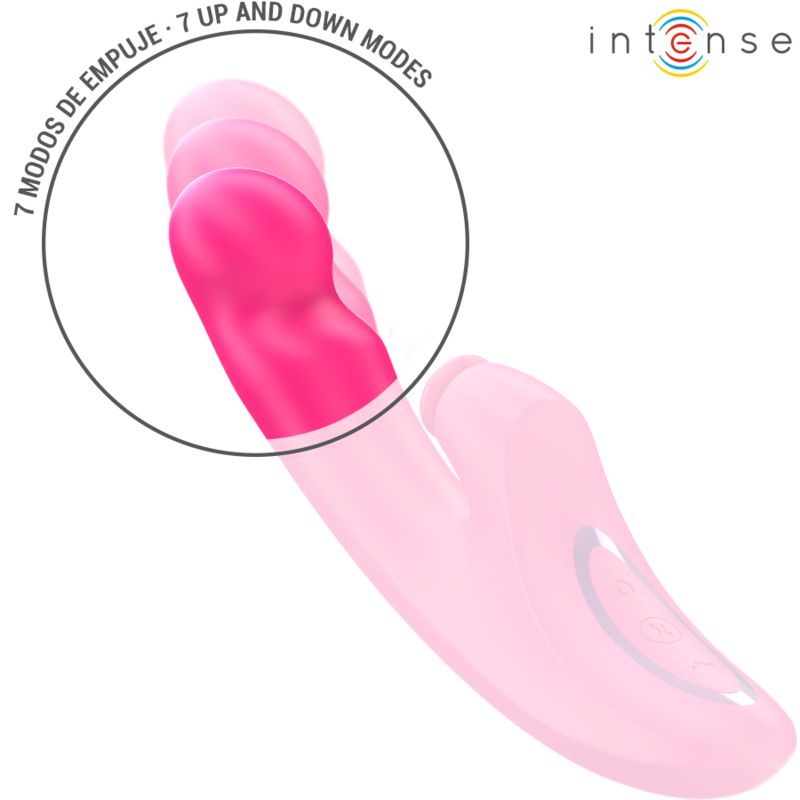 Pinkfarbener Vibrator mit hervorgehobener Spitze. 7 Modi: Auf und Ab. Der Vibrator hat eine geschwungene Form.