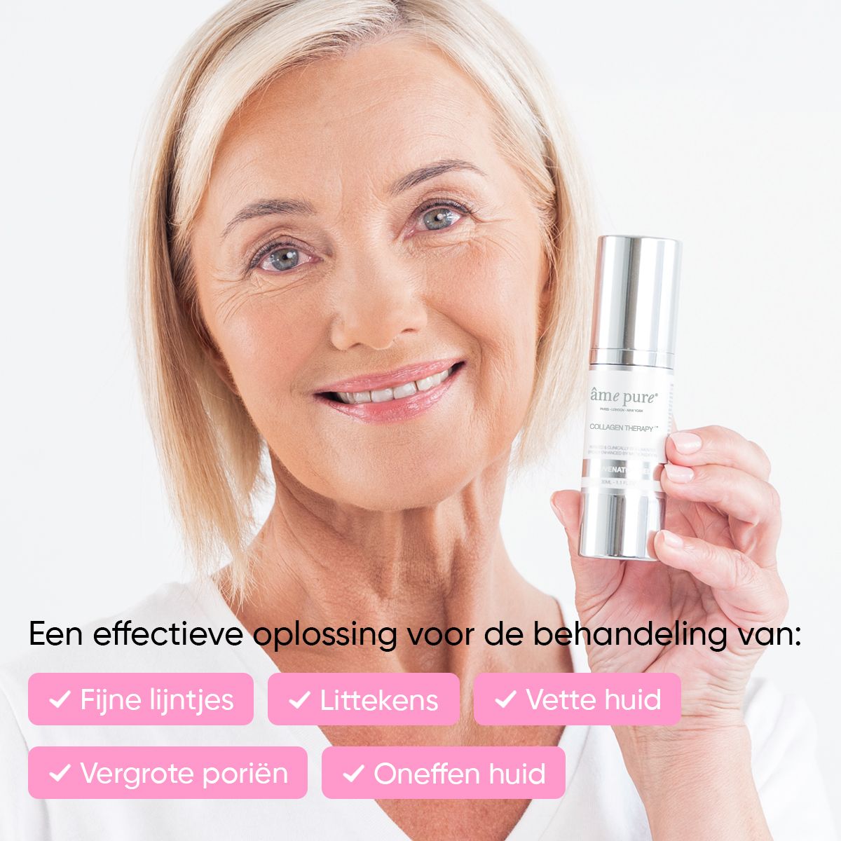 Vrouw met serumfles. Tekst over huidbehandeling. Opschrift: âme pure.