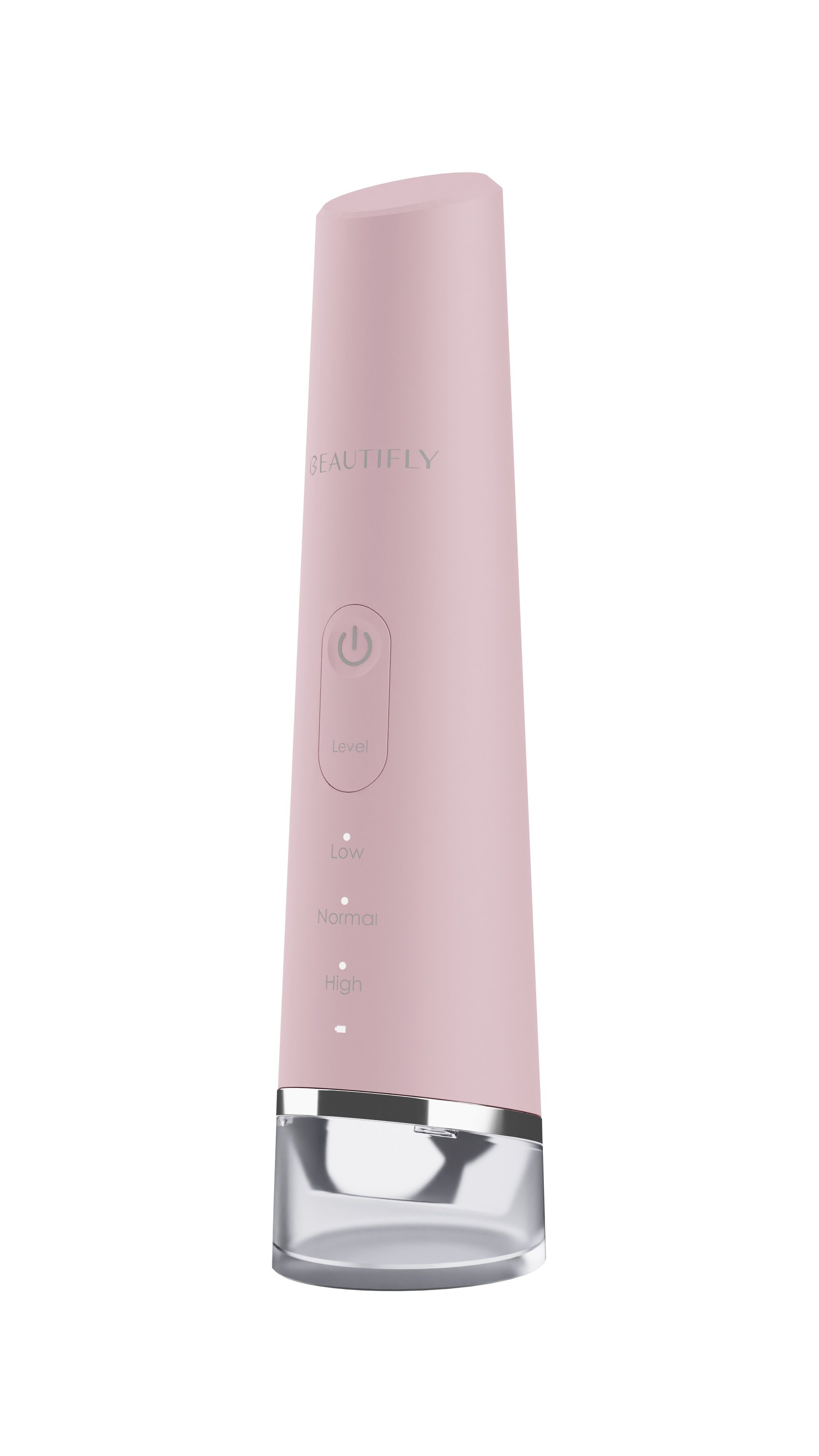Rosa Gerät mit silberner Basis. Aufschrift BEAUTIFLY, Power-Taste und Intensitätsstufen.
