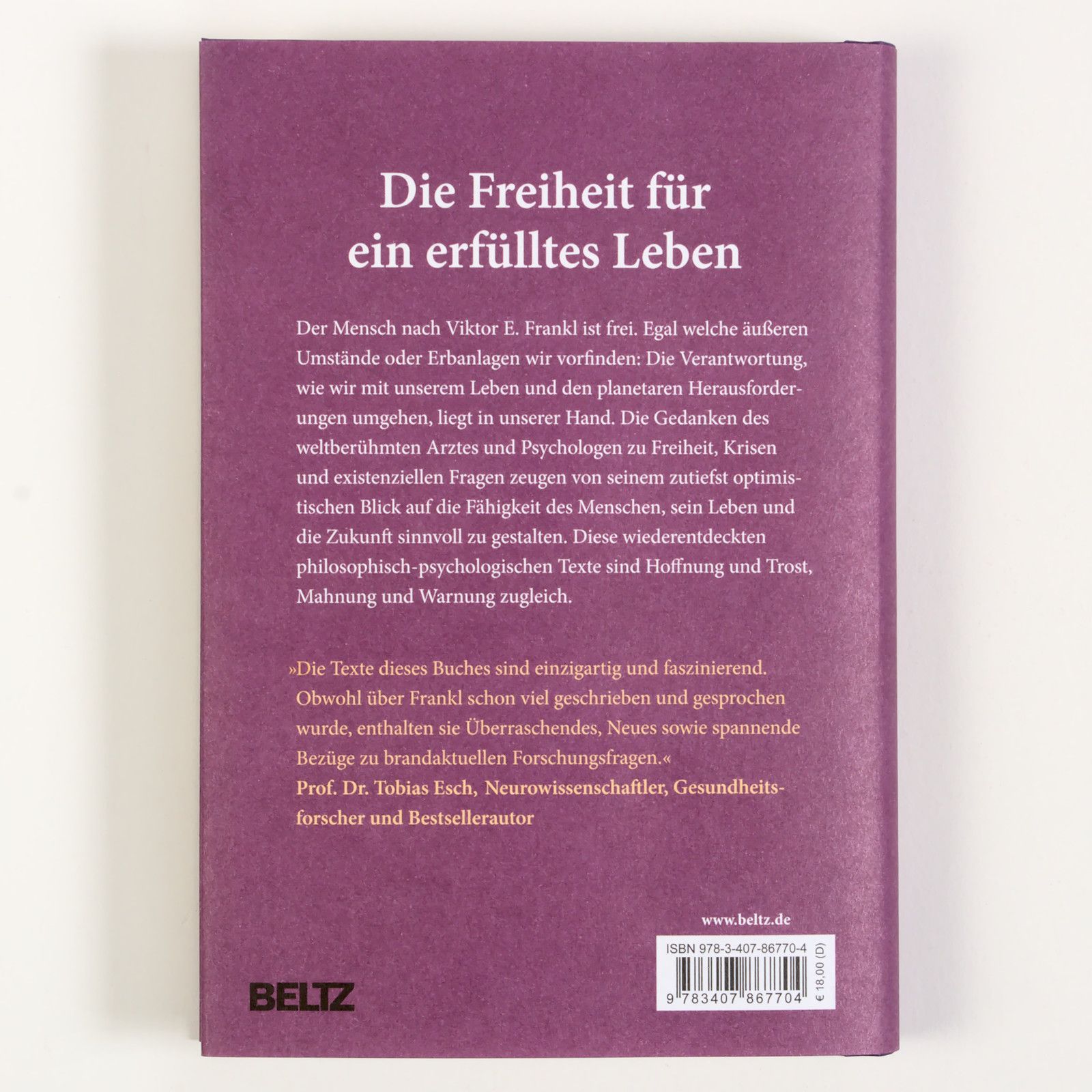 Buchrückseite. Titel: "Die Freiheit für ein erfülltes Leben". Text, Verlag: Beltz. ISBN-Code und Barcode.