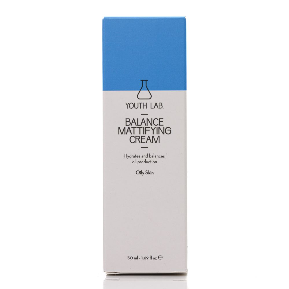 Kartonverpackung mit blauem Deckel. Aufschrift: YOUTH LAB Balance Mattifying Cream. Für ölige Haut. Volumen: 50 ml.