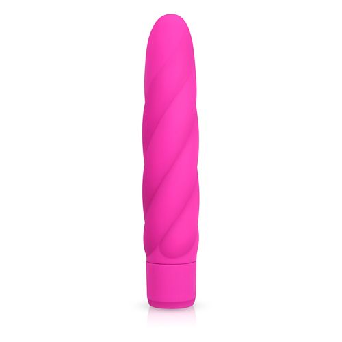 Rosa Silikonvibrator. Zylindrische Form mit spiralförmiger Textur. Unterteil mit abgerundeter Basis.