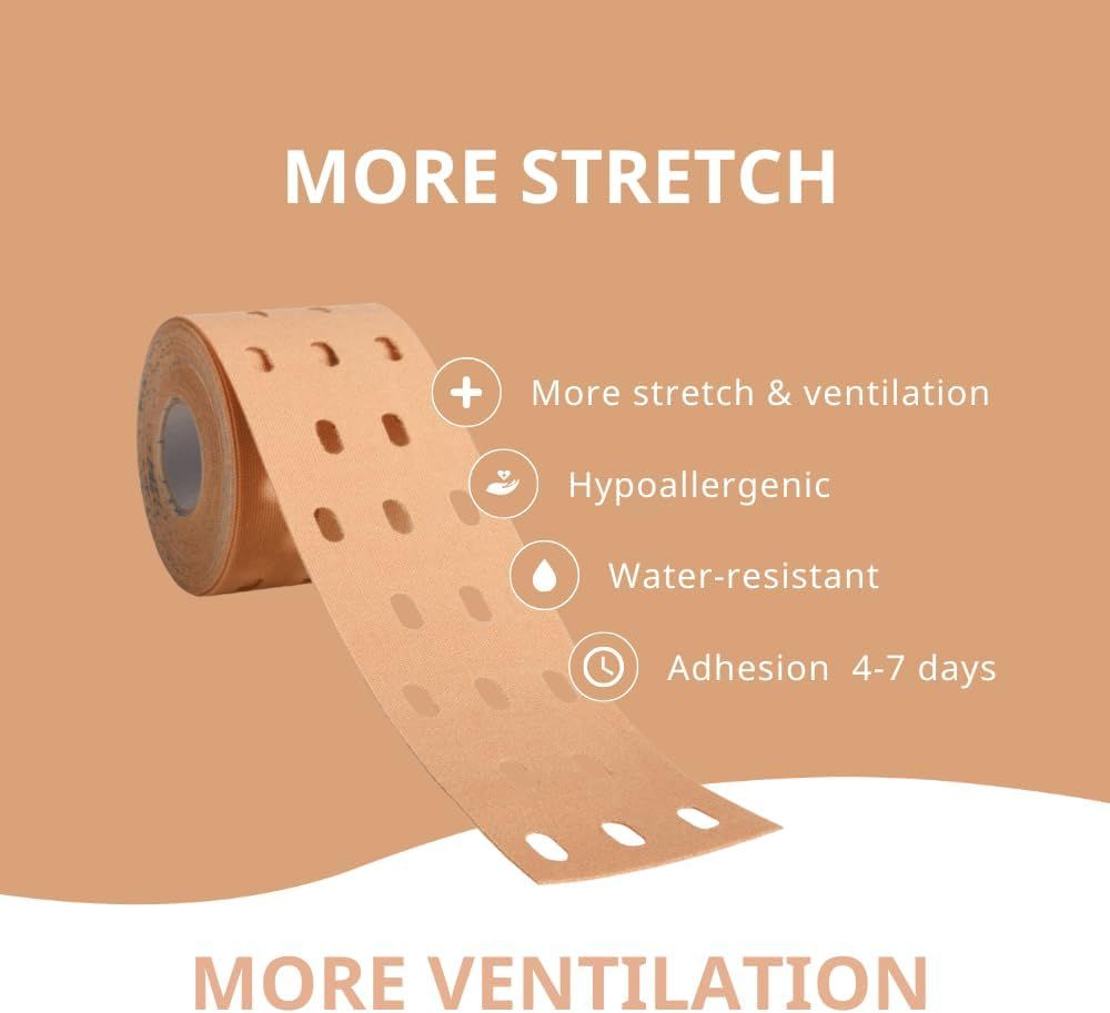 Beige Kinesiologie-Tape-Rolle mit Perforation für mehr Belüftung und Dehnbarkeit.