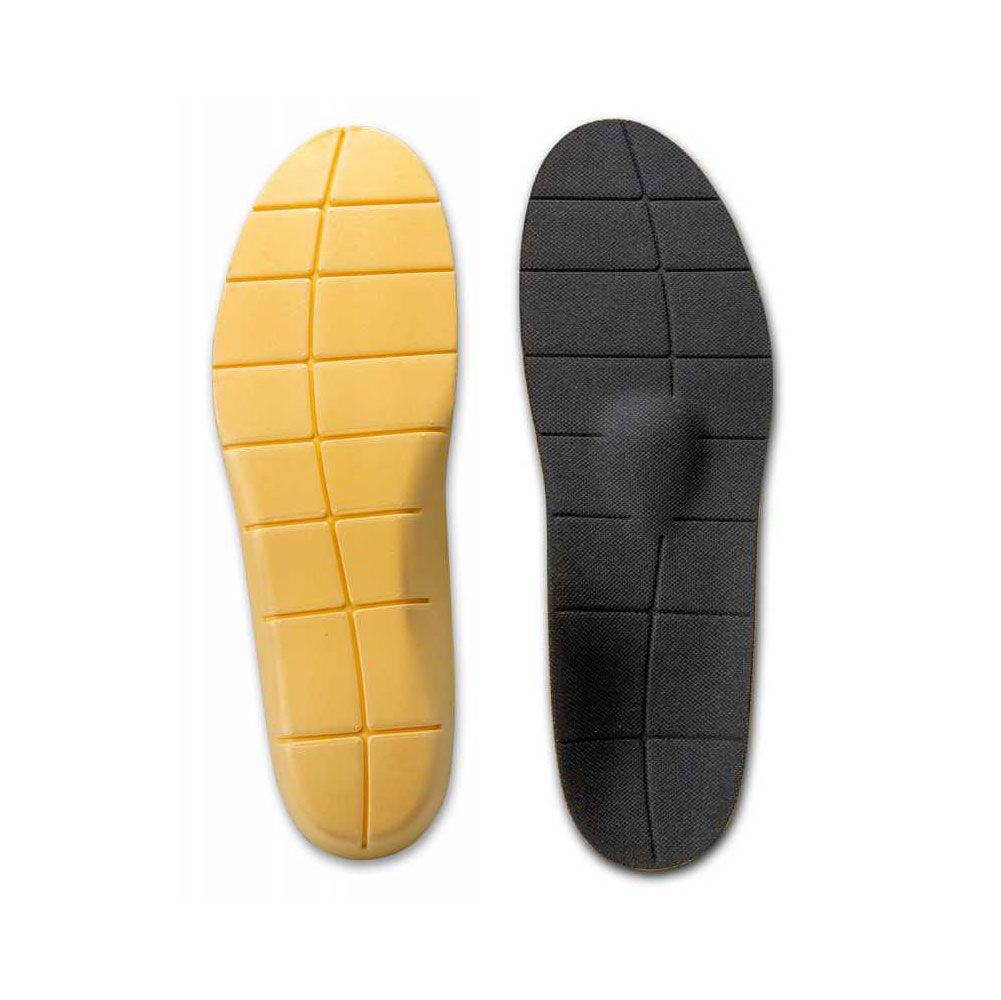 Zwei gelbe und schwarze Einlegesohlen. Gelb mit quadratischen Aussparungen, schwarz mit Fußgewölbestütze.