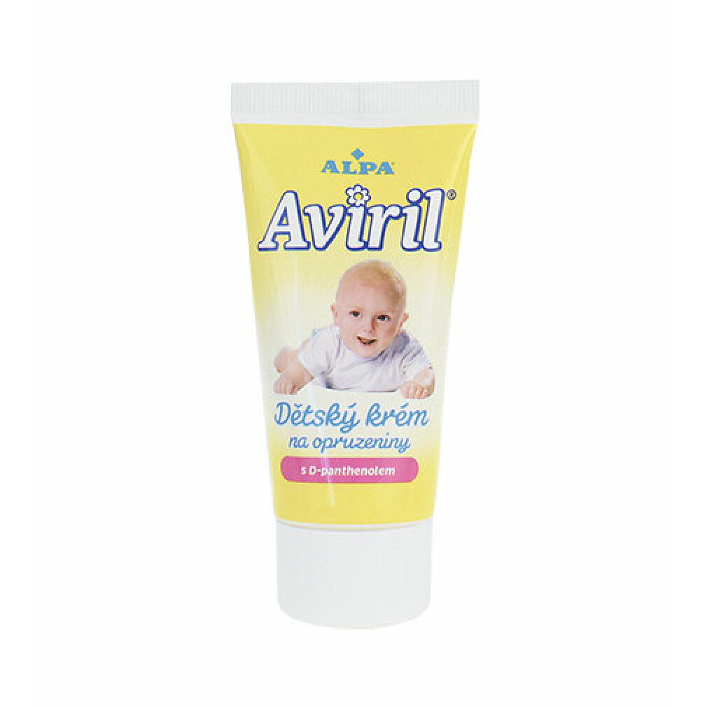 Creme-Tube mit gelbem Hintergrund. Aufschrift "ALPA Aviril". Abbildung eines Babys. Text: "Dětský krém na opruzeniny".