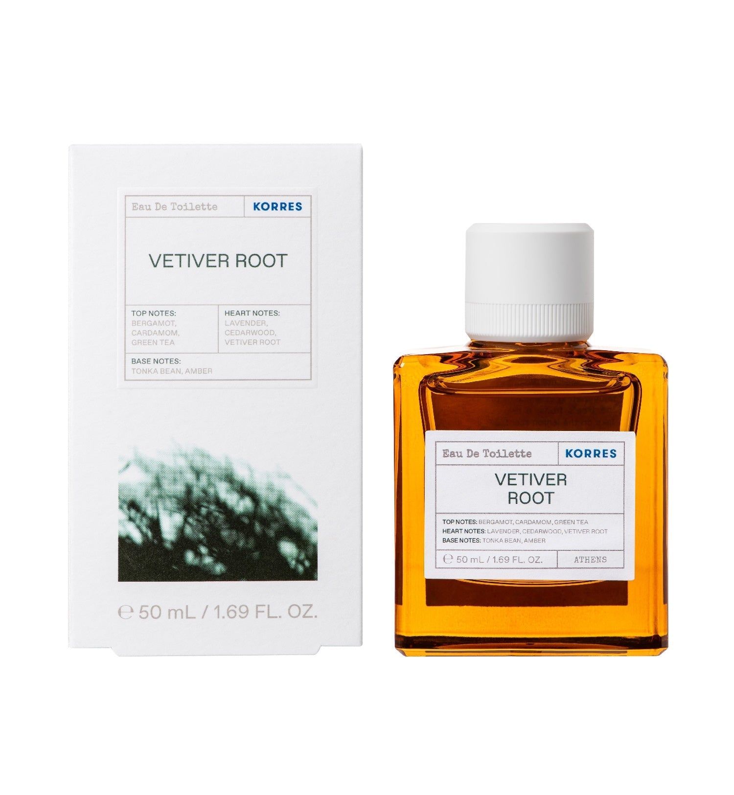 KORRES Eau de Toilette Vetiver Root. Eckige Glasflasche mit weißem Deckel. Weiße Verpackung mit Produktinformationen.