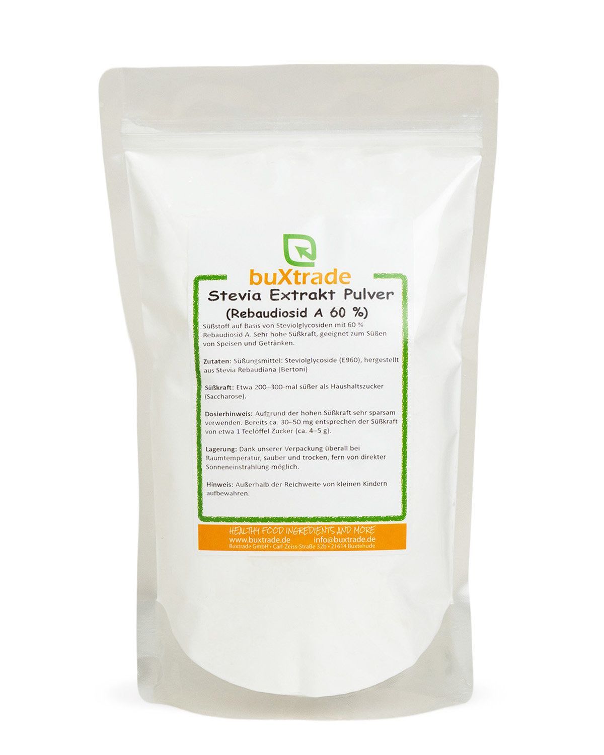 Buxtrade Stevia Extrakt Pulver (Rebaudiosid A 60%) in einem weißen Beutel mit Etikett.