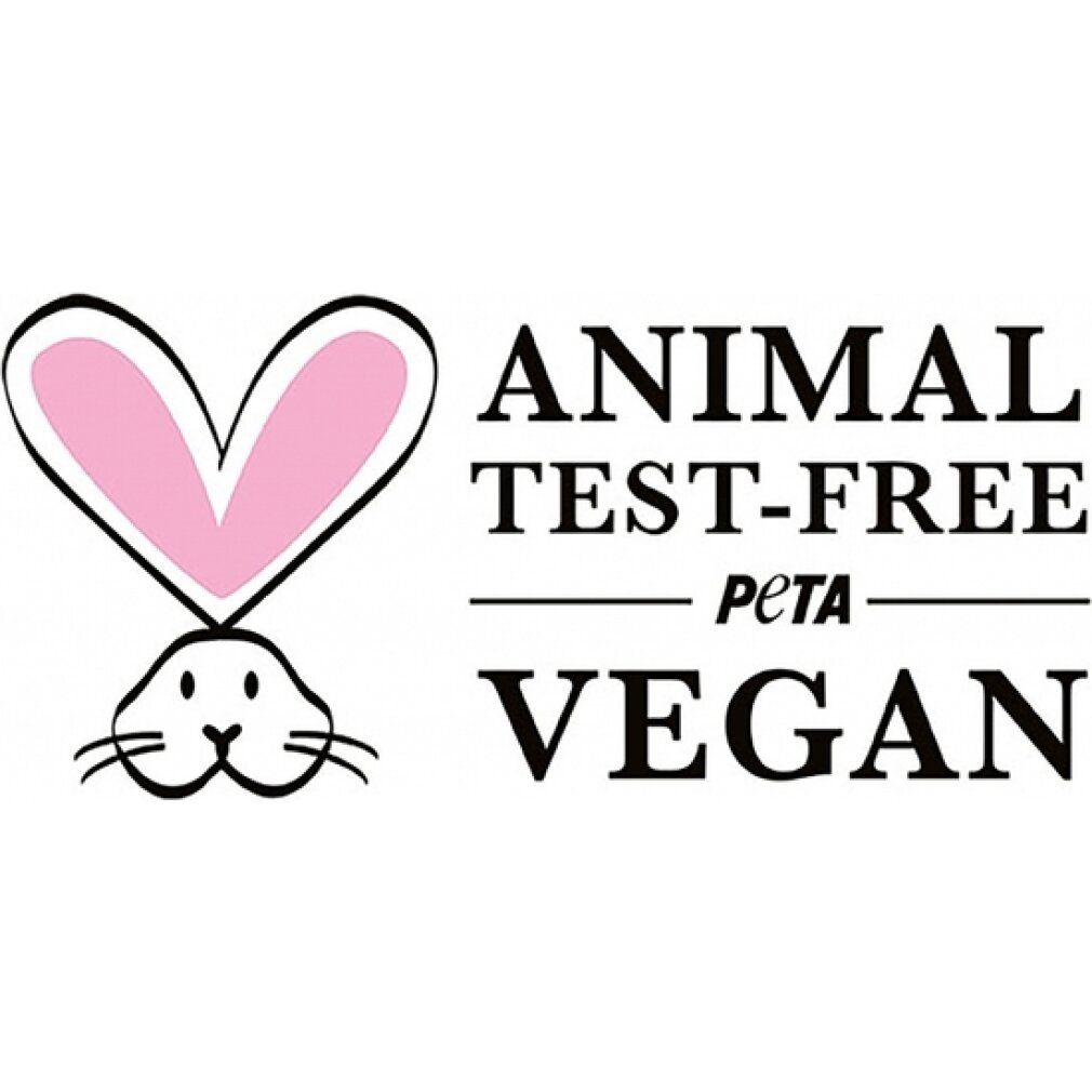 Logo 'Animal Test-Free Vegan'. Ein rosa Kaninchenkopf mit Text.
