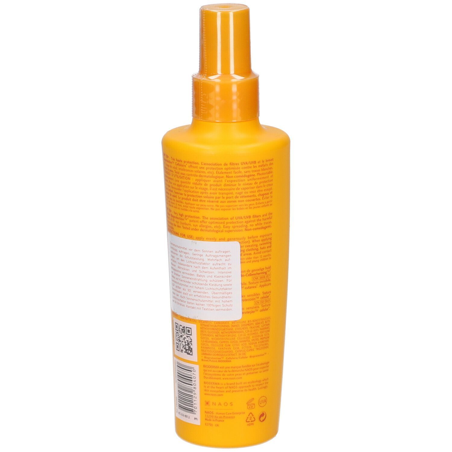 Gelbe Sprühflasche. Rückseite mit Text und Barcode. Aufschrift: BIODERMA, Photoderm MAX SPF 50+. 200 ml.
