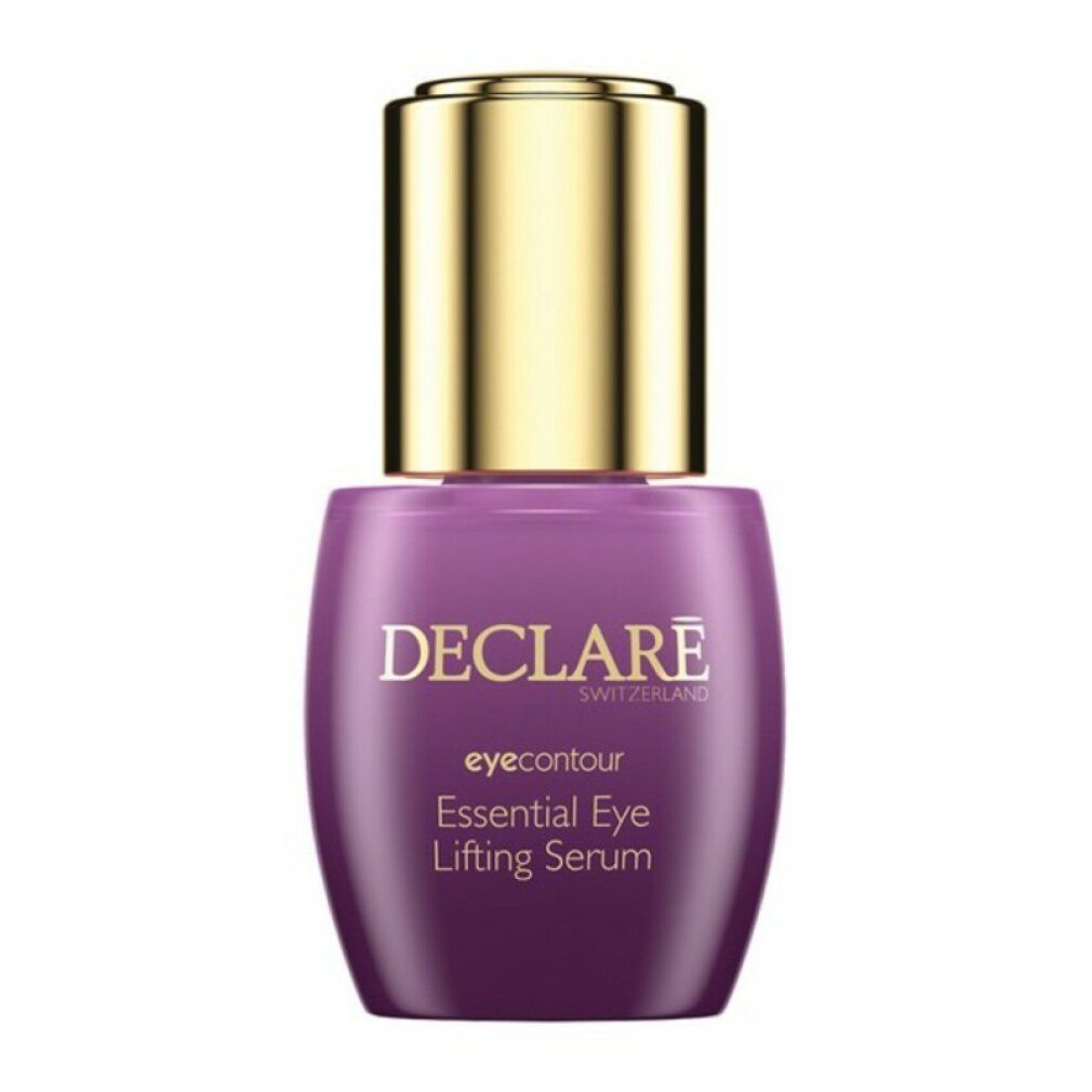 Flacone viola con tappo dorato. Scritta: DECLARÉ SWITZERLAND, eyecountour, Essential Eye Lifting Serum.