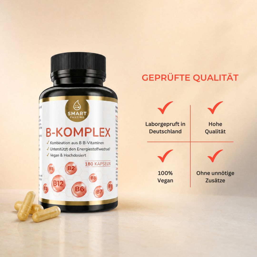 Smart Fasting B-Komplex Flasche mit 180 Kapseln, daneben drei Kapseln.