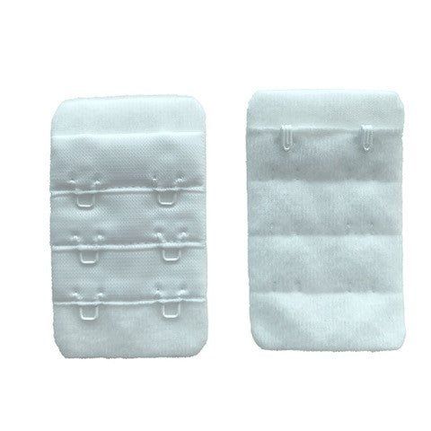 Weißes BH-Verlängerungsteil mit drei Haken. Rückseite mit zwei Haken. Textilmaterial.