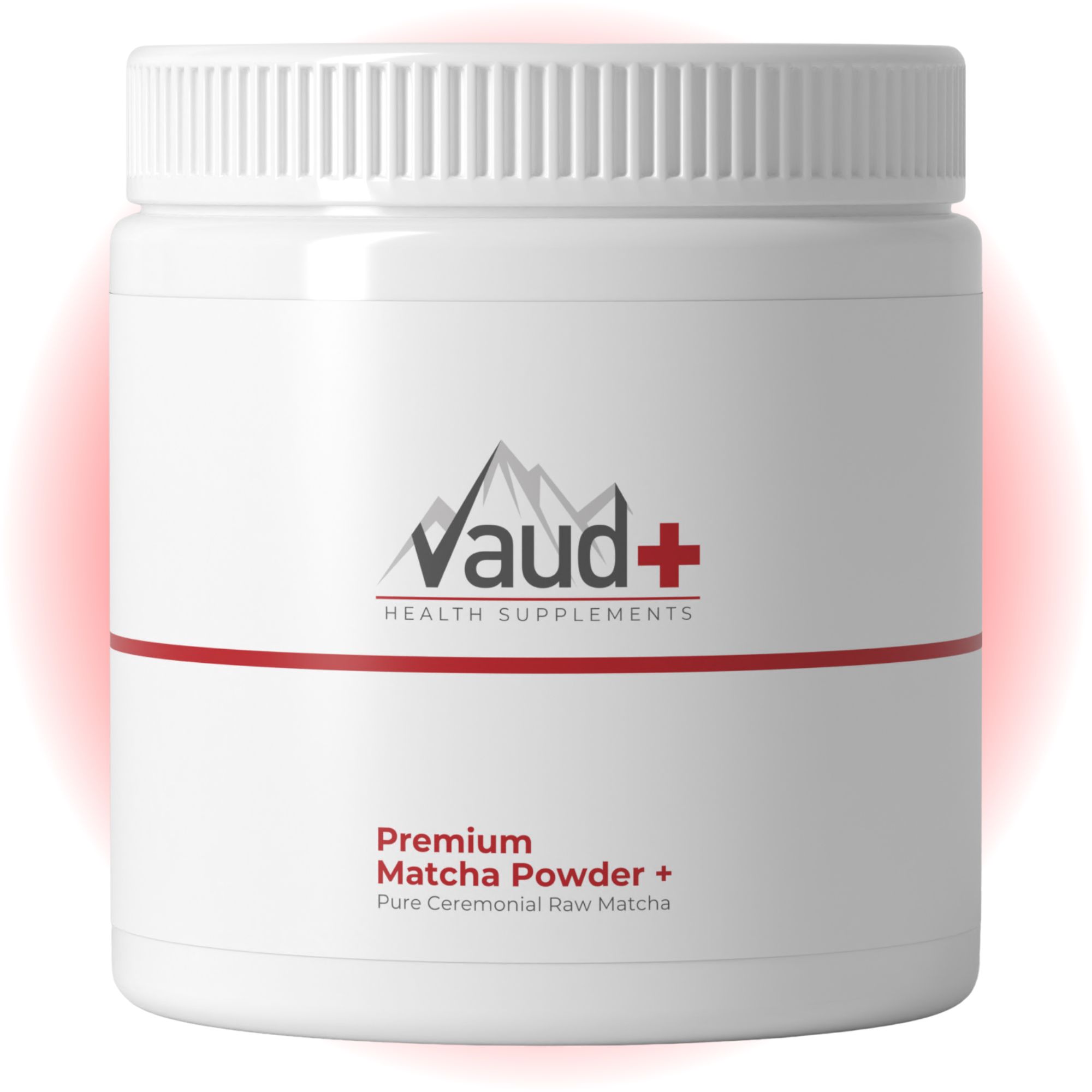 Weiße Dose mit Deckel. Roter Streifen und Logo. Text: Premium Matcha Powder + Pure Ceremonial Raw Matcha.