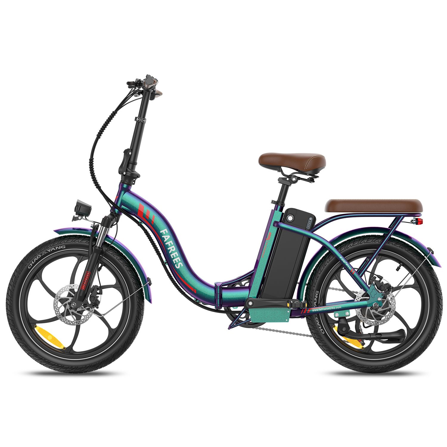 Faltbares E-Bike, blau-grün, brauner Sattel und Gepäckträger. Schwarze Reifen, Felgen und Akku. Marke FAFREES.