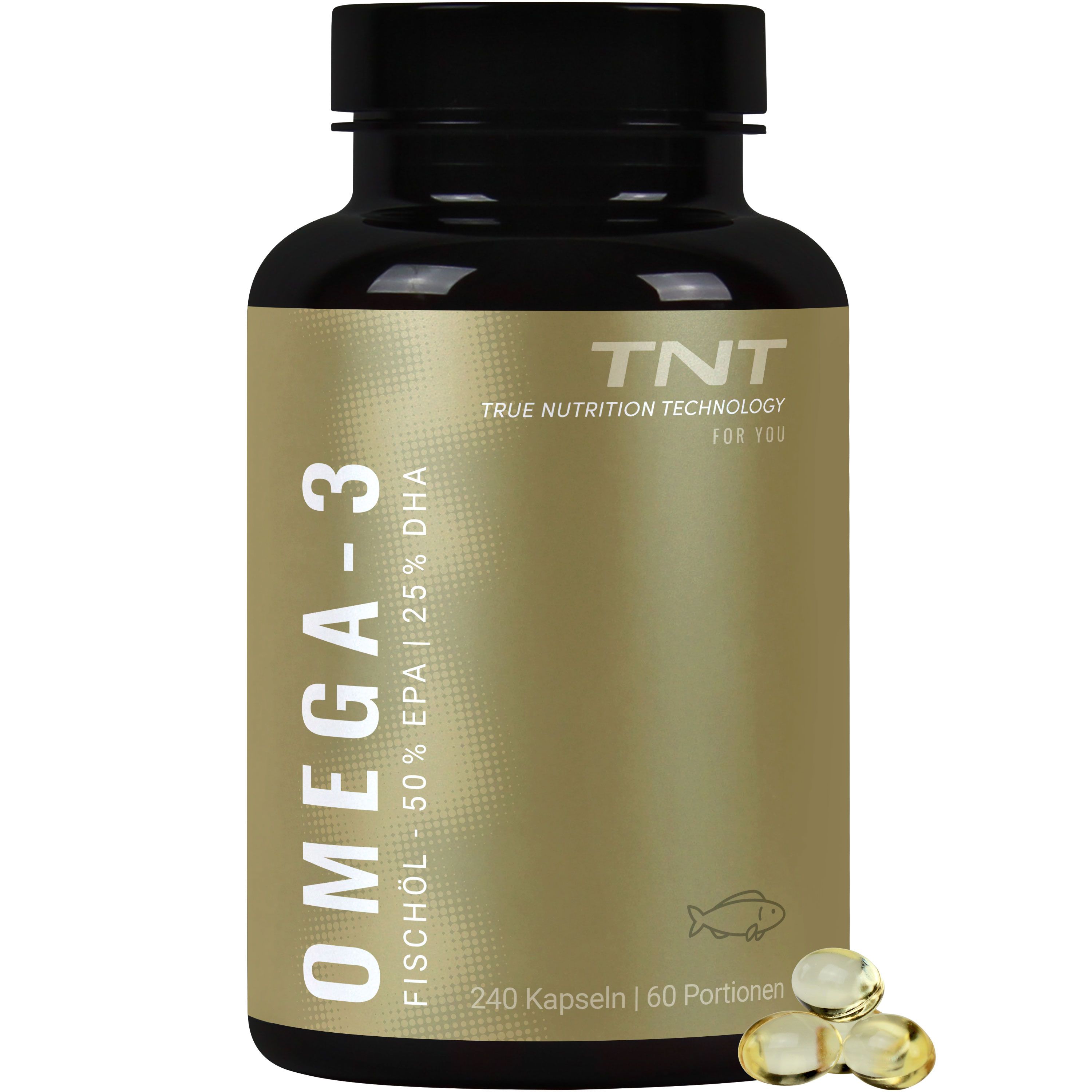 Braune Flasche mit Omega-3 Fischöl Kapseln, Etikett mit 'OMEGA-3 FISCHÖL 50% EPA | 25% DHA'.