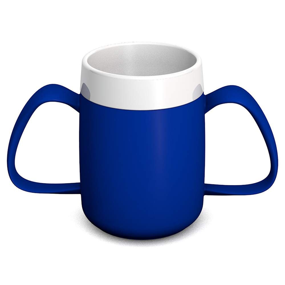 Blauer Becher mit zwei Henkeln und weißem Rand. Ohne Deckel.