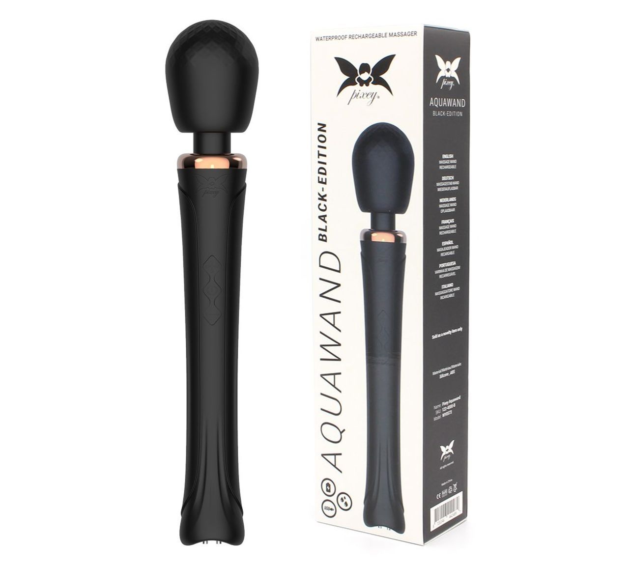 Schwarzes Wellness-Produkt mit Verpackung. Produktname: AQUAWAND BLACK EDITION. Schwarzes Logo. Text auf der Verpackung.