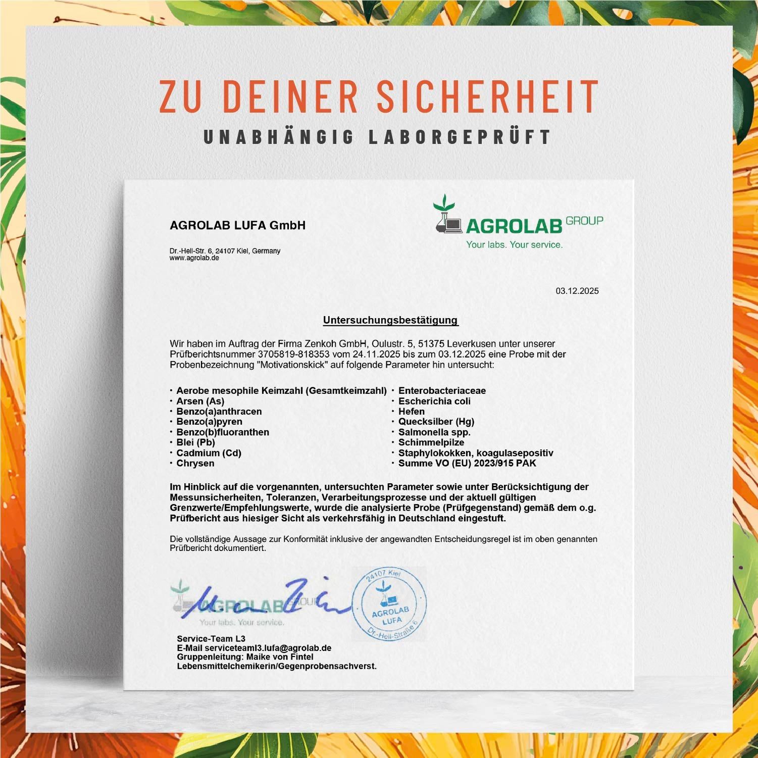 Laborzertifikat. Text: Unabhängig laborgeprüft. Agrolab LUFA GmbH.