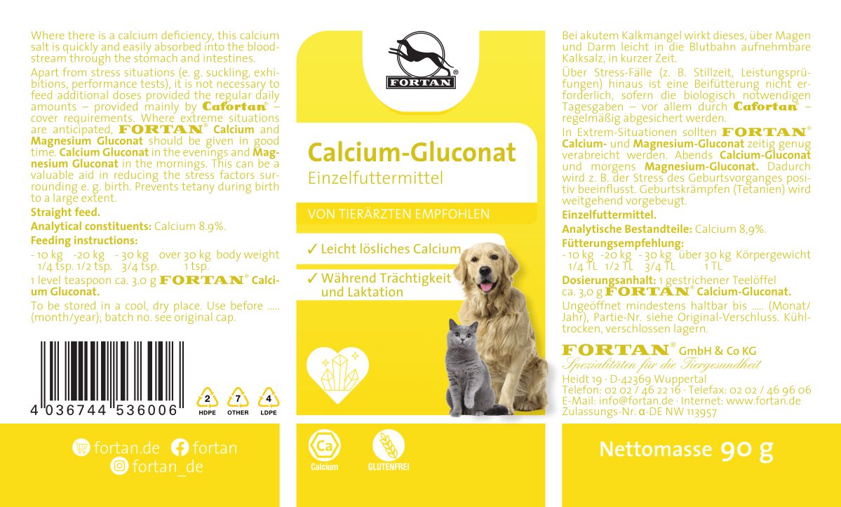 Gelbes Etikett mit Text und Abbildung von Hund und Katze. Aufschrift: FORTAN Calcium-Gluconat. Enthält Calcium. Nettomasse: 90 g.