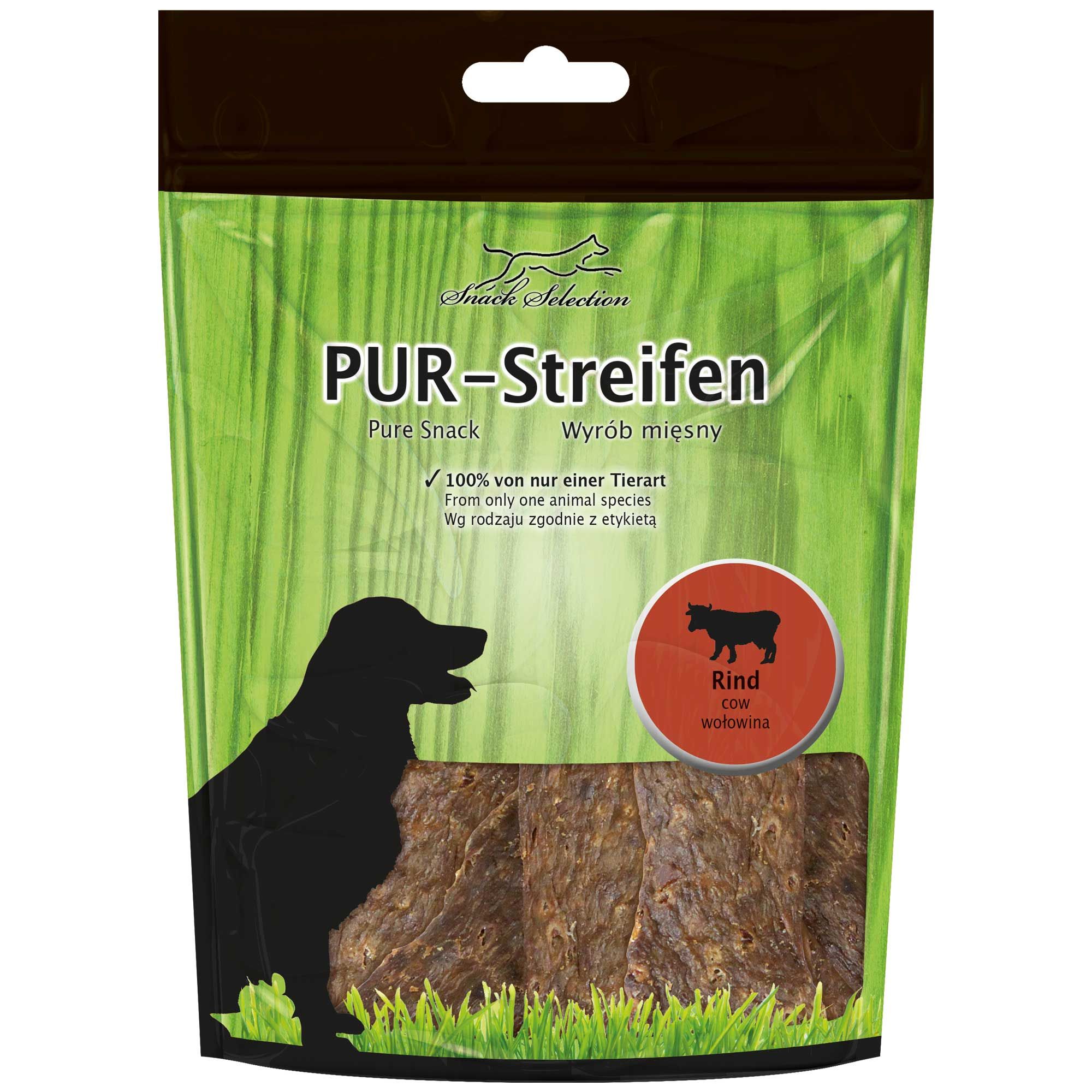 Einzelne Packung PUR-Streifen. Grün-transparente Verpackung mit Produktnamen, Rind-Symbol und Hundesilhouette. Inhalt sichtbar.
