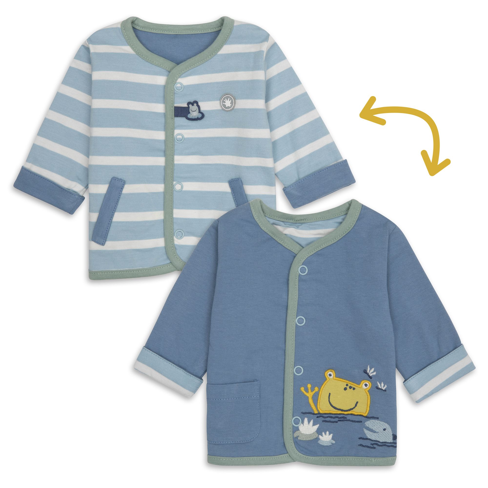 Wendejacke, blau und hellblau gestreift. Auf der blauen Seite: Frosch-Applikation. Knöpfe und grüne Einfassung.