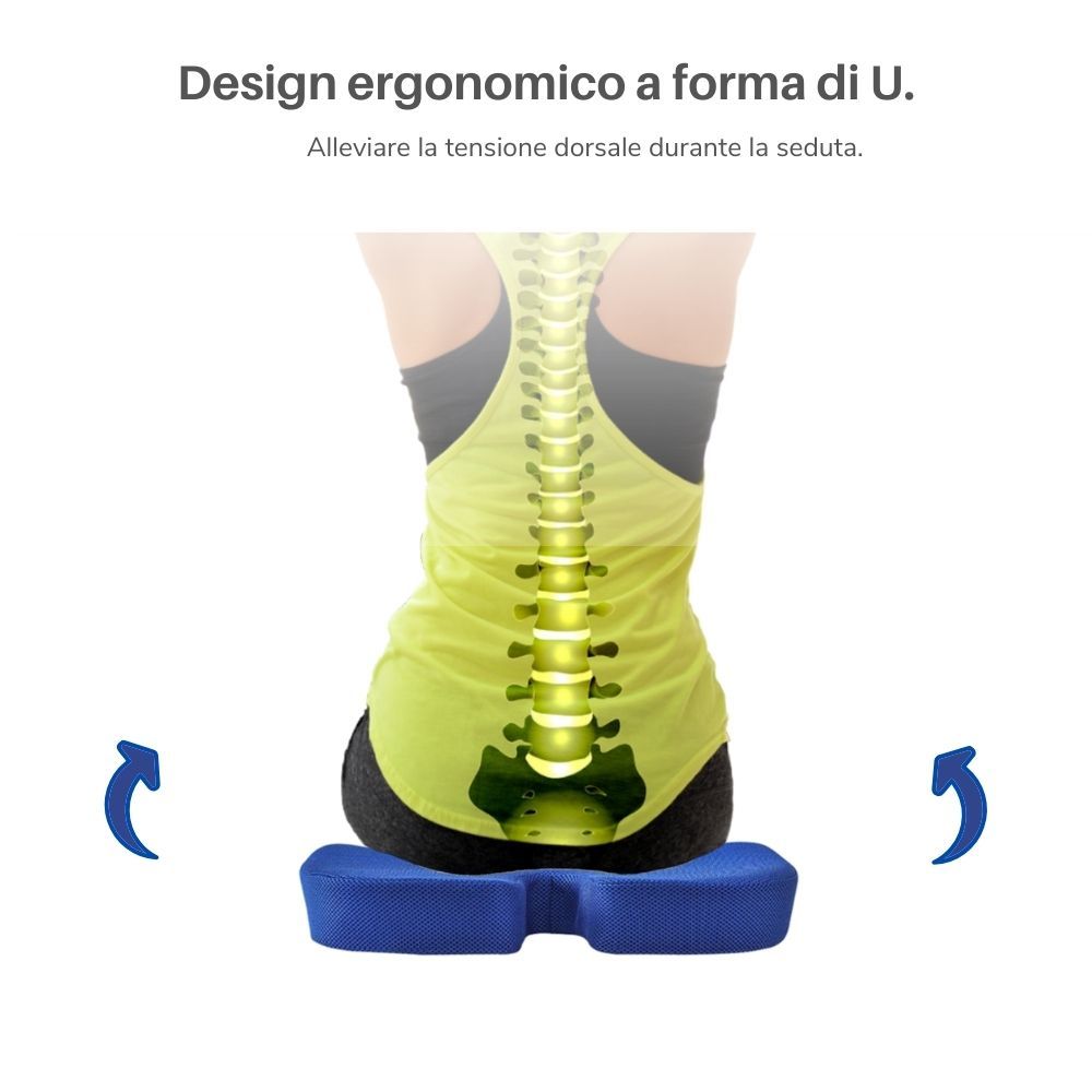 Cuscino a forma di U blu. Design ergonomico. Sollievo della tensione dorsale da seduti. Frecce indicano l'uso.