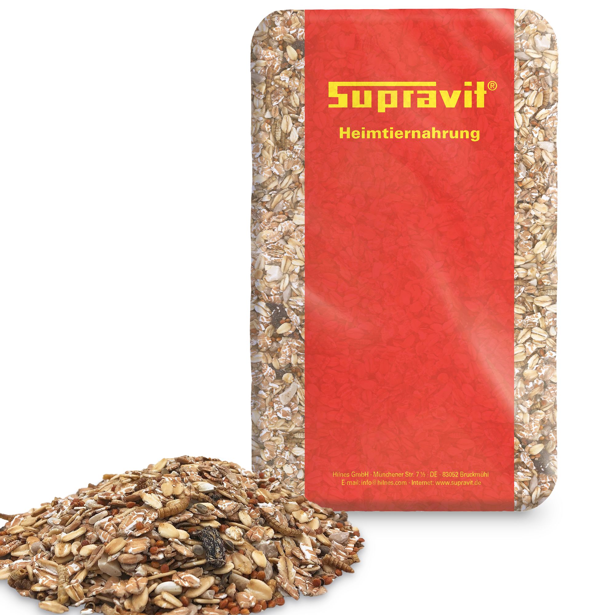 Beutel Vogelfutter mit Mehlwürmern. Roter Aufdruck mit Supravit-Logo und Text. Haufen Vogelfutter daneben.