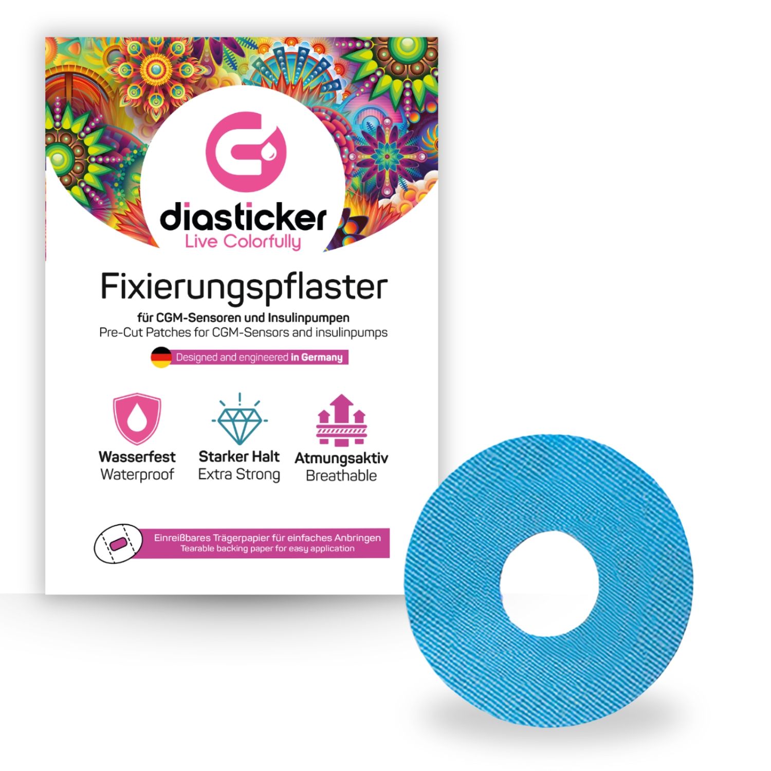 Blaues Fixierpflaster mit Loch. Verpackung mit Logo und Text: Diasticker, Fixierungspflaster, wasserfest, atmungsaktiv.