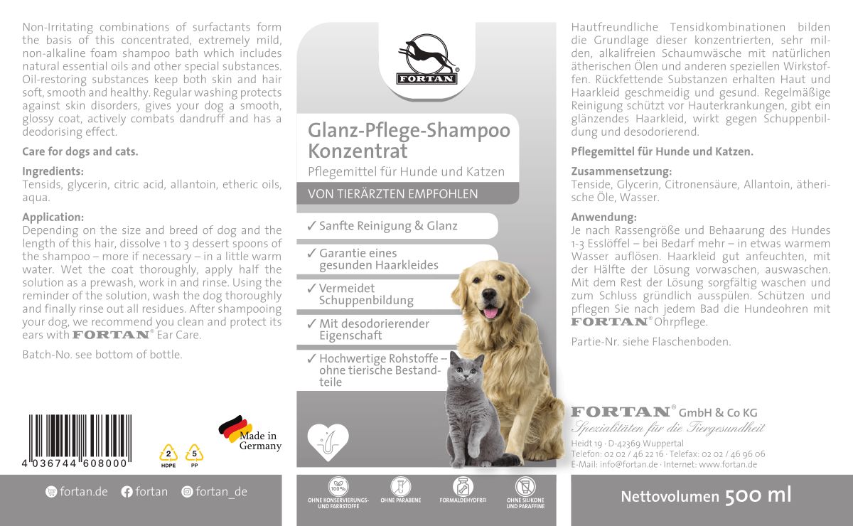 Etikett mit Text: Glanz-Pflege-Shampoo Konzentrat. Abbildung von Hund und Katze. Text: Für Hunde und Katzen. Empfohlen von Tierärzten.