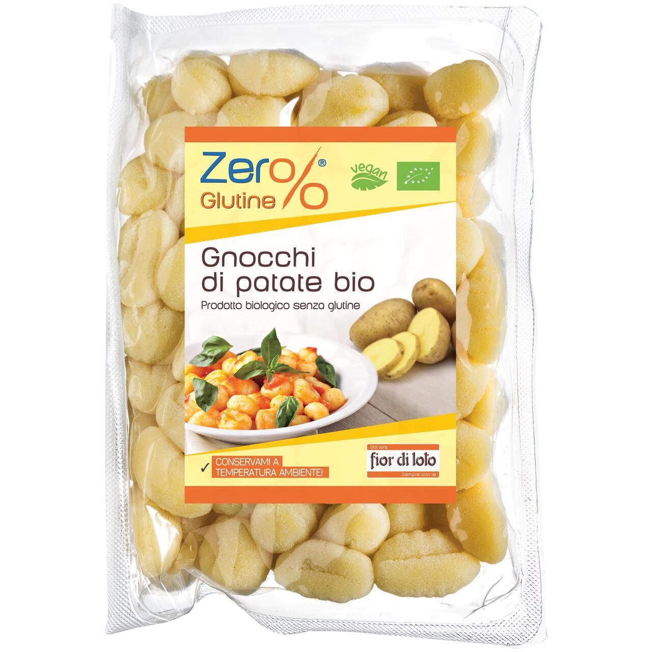 Confezione di gnocchi di patate bio. Scritte: Zero Glutine, vegano, marchio bio. Immagini di patate e piatto pronto.