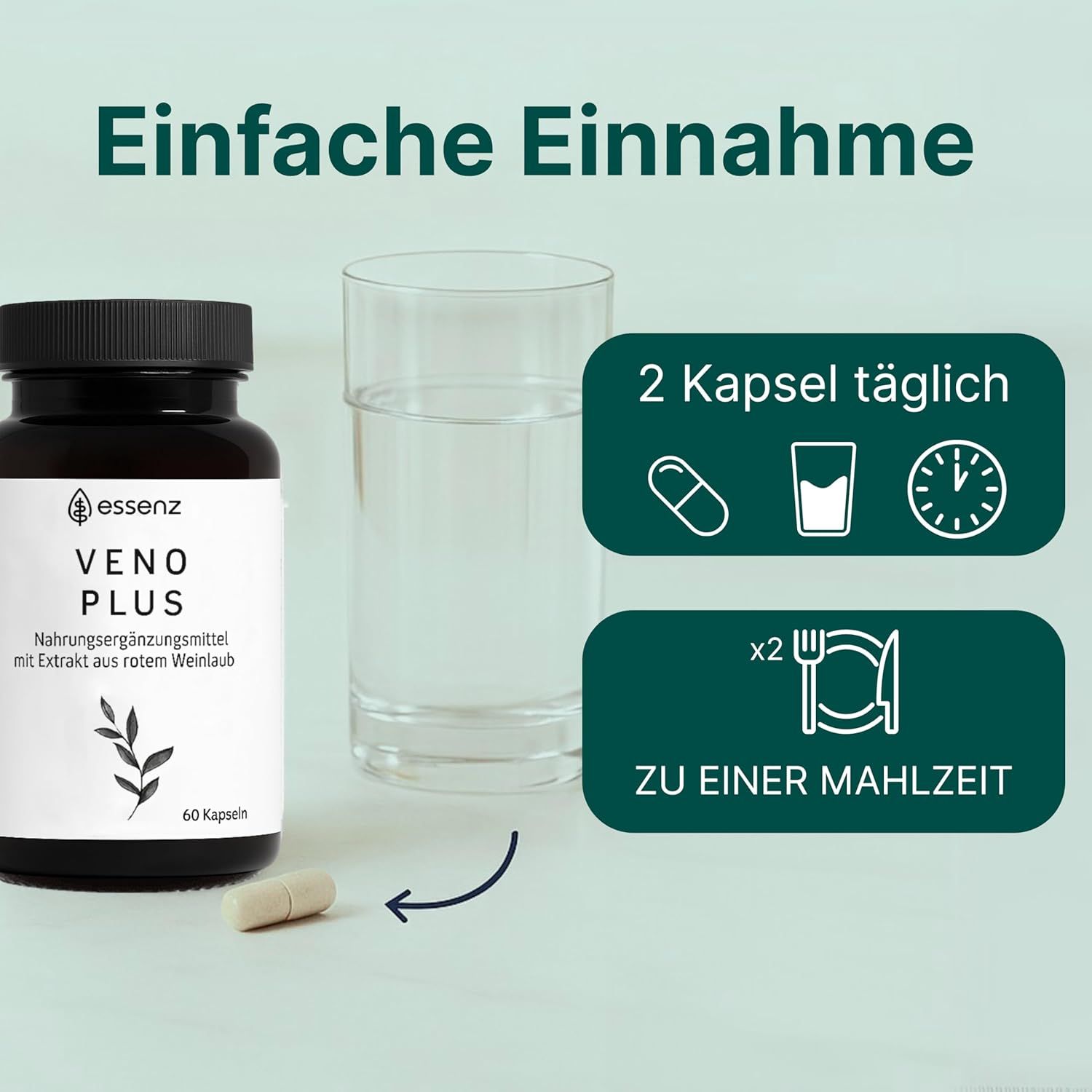 Braune Flasche mit Kapseln, Glas Wasser. Text: ESSENZ VENO PLUS, 60 Kapseln. Einnahme: 2 Kapseln täglich zu einer Mahlzeit.