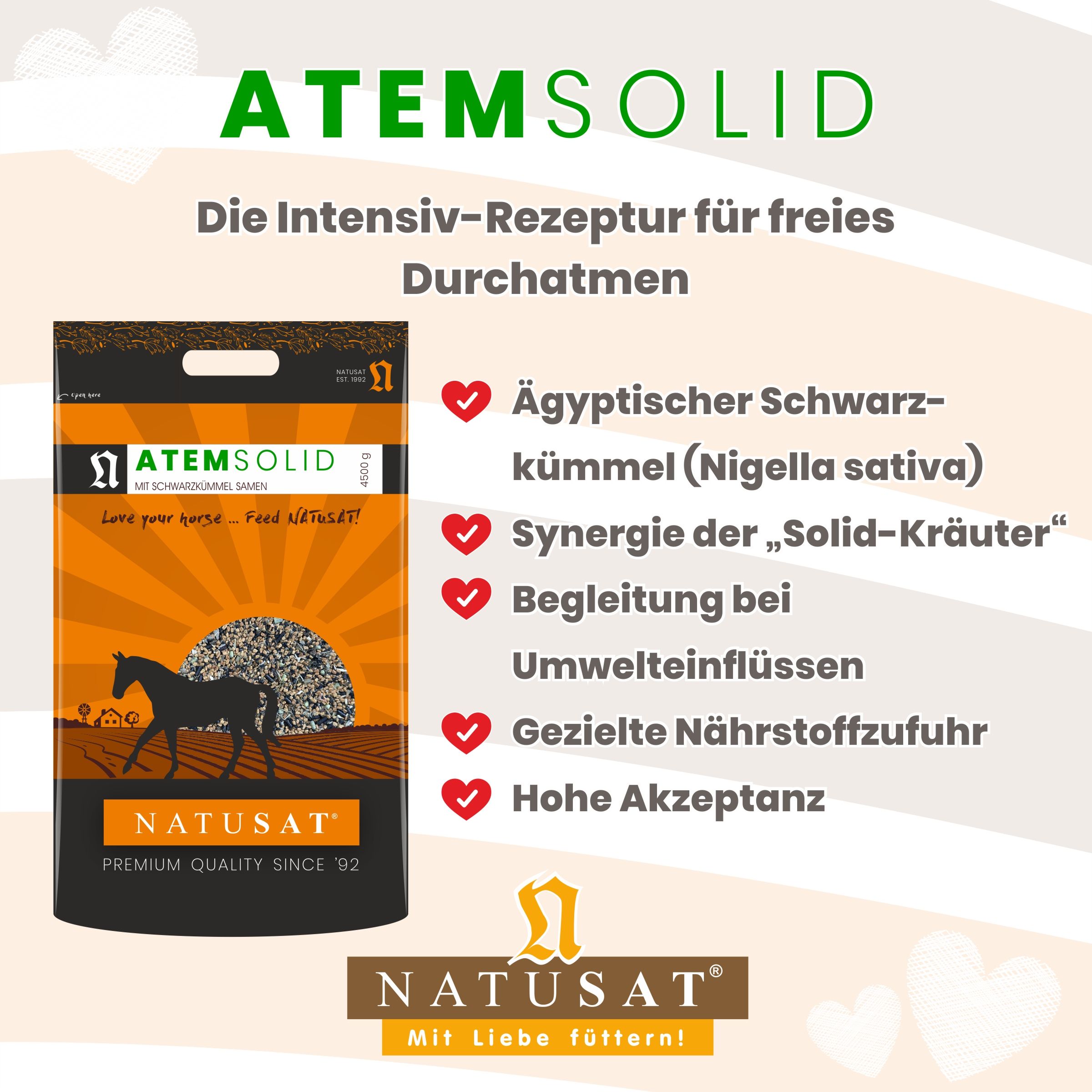 Natusat AtemSolid Futtersack mit Liste der Vorteile und Produktmerkmalen.