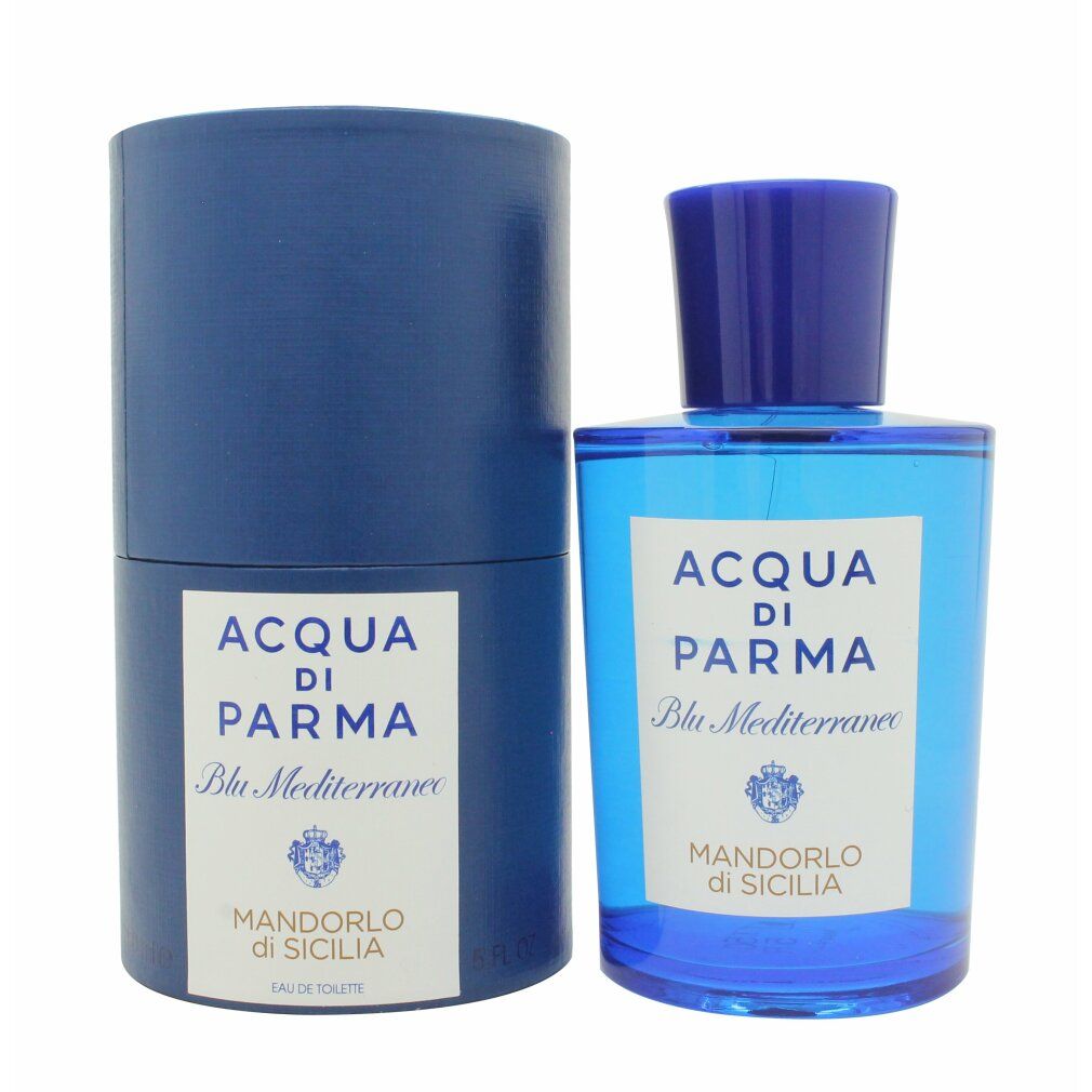 Blaues Parfümflakon und zylindrische Verpackung. Aufschrift: Acqua di Parma Blu Mediterraneo Mandorlo di Sicilia.