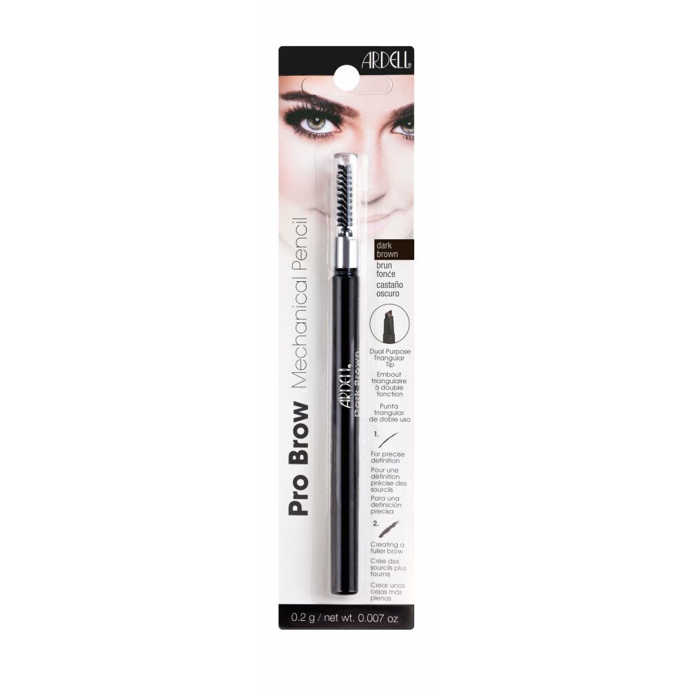 Ardell Pro Brow Mechanical Pencil Dark Brown in Verpackung. Mit Bürste und Produktinformationen. Auf weißem Hintergrund.