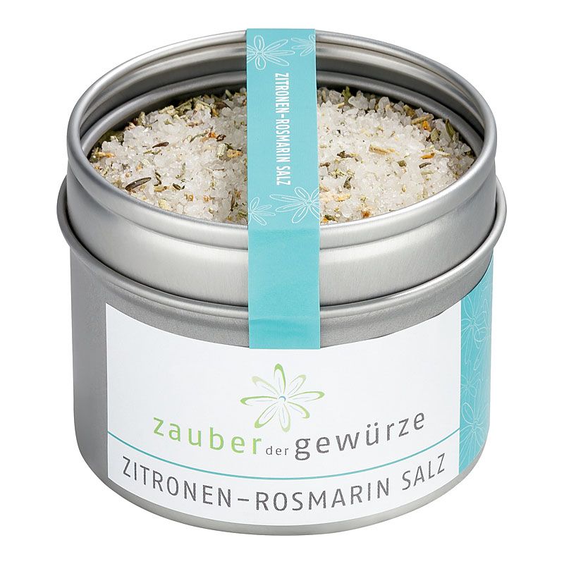 Zitronen-Rosmarin Salz in Dose. Metallbehälter mit blauem Etikett und Produktnamen. Salz mit Kräutern sichtbar.