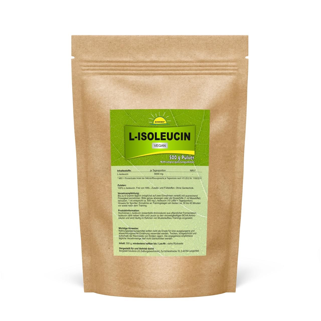 Bonemis® L-Isoleucin, veganes Pulver, ohne Zusatzstoffe, im Beutel 0,5 kg Pulver