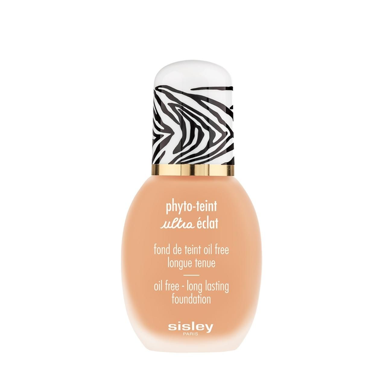 Sisley Phyto-Teint Ultra Eclat. Flasche mit Zebra-Muster-Kappe. Text: Oil free - long lasting foundation. Marke Sisley.