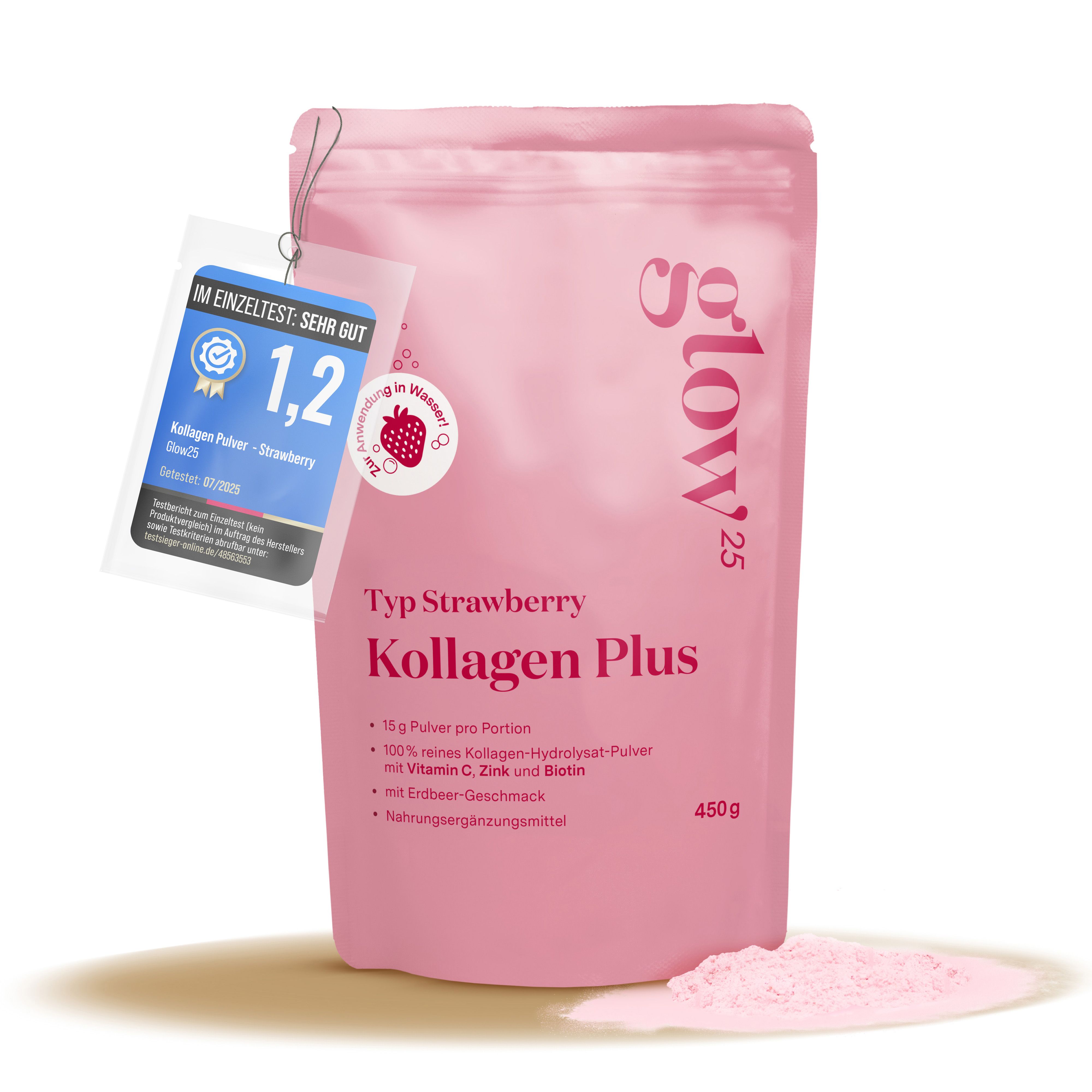 Glow25 Kollagen Plus Typ Strawberry Pulver in rosa Beutel mit Auszeichnung 'Im Test: Sehr gut'.
