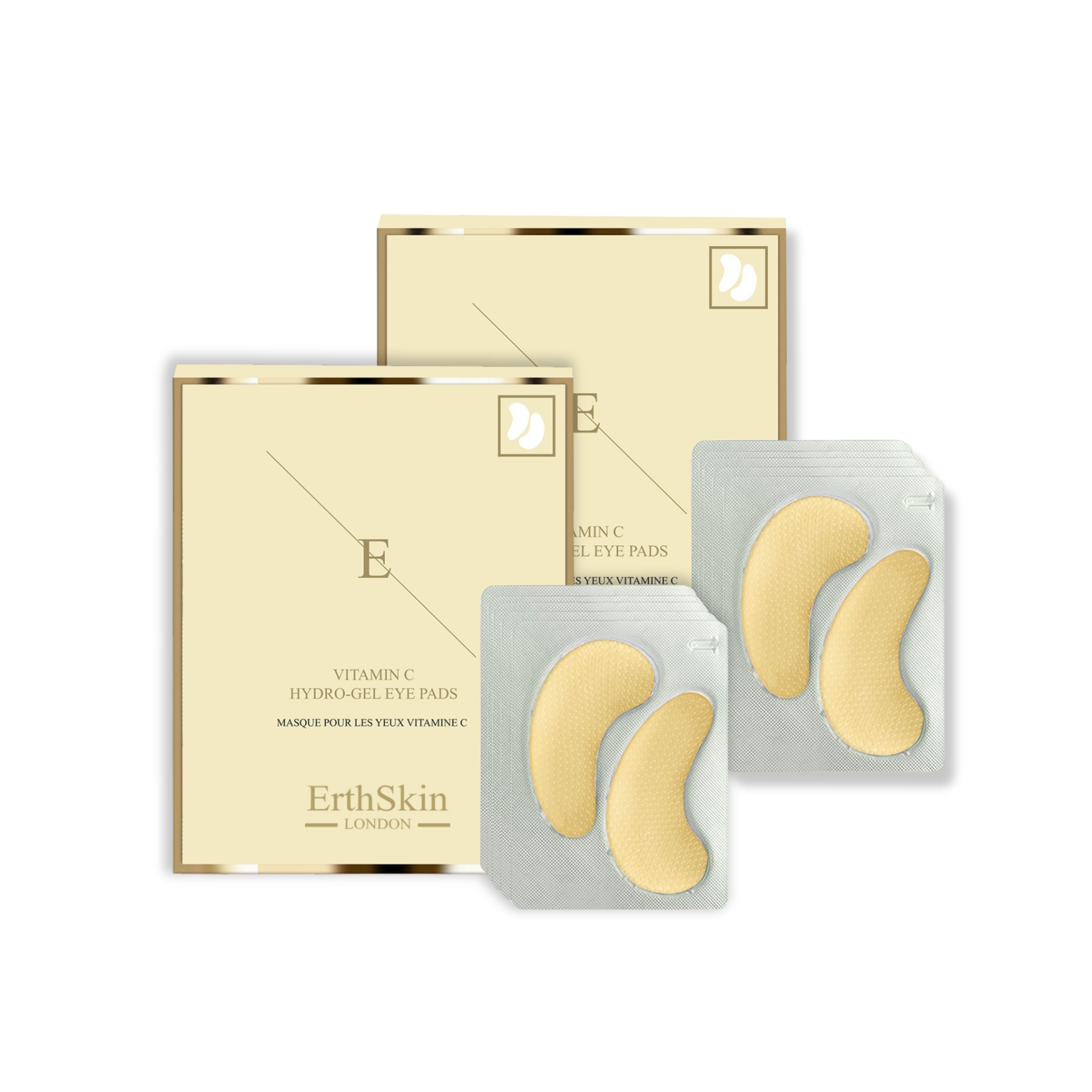 Deux boîtes et deux blisters d'eye pads jaunes. Inscription : ErthSkin London, Vitamin C Hydrogel Eye Pads.