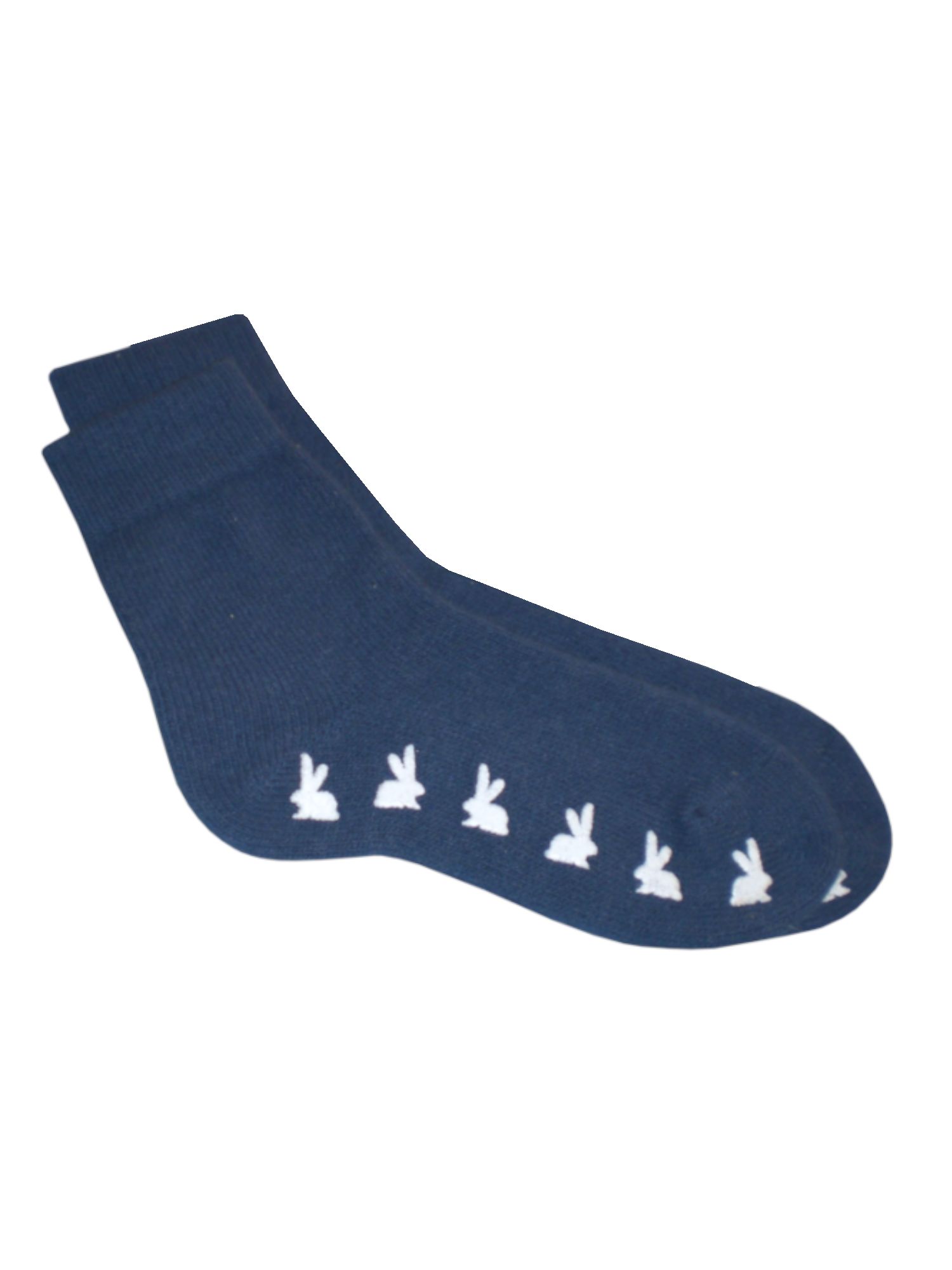 Dunkelblaue Socken mit weißen Hasen-Motiven auf der Sohle. Angora-Fußwärmer mit Anti-Rutsch-Noppen.
