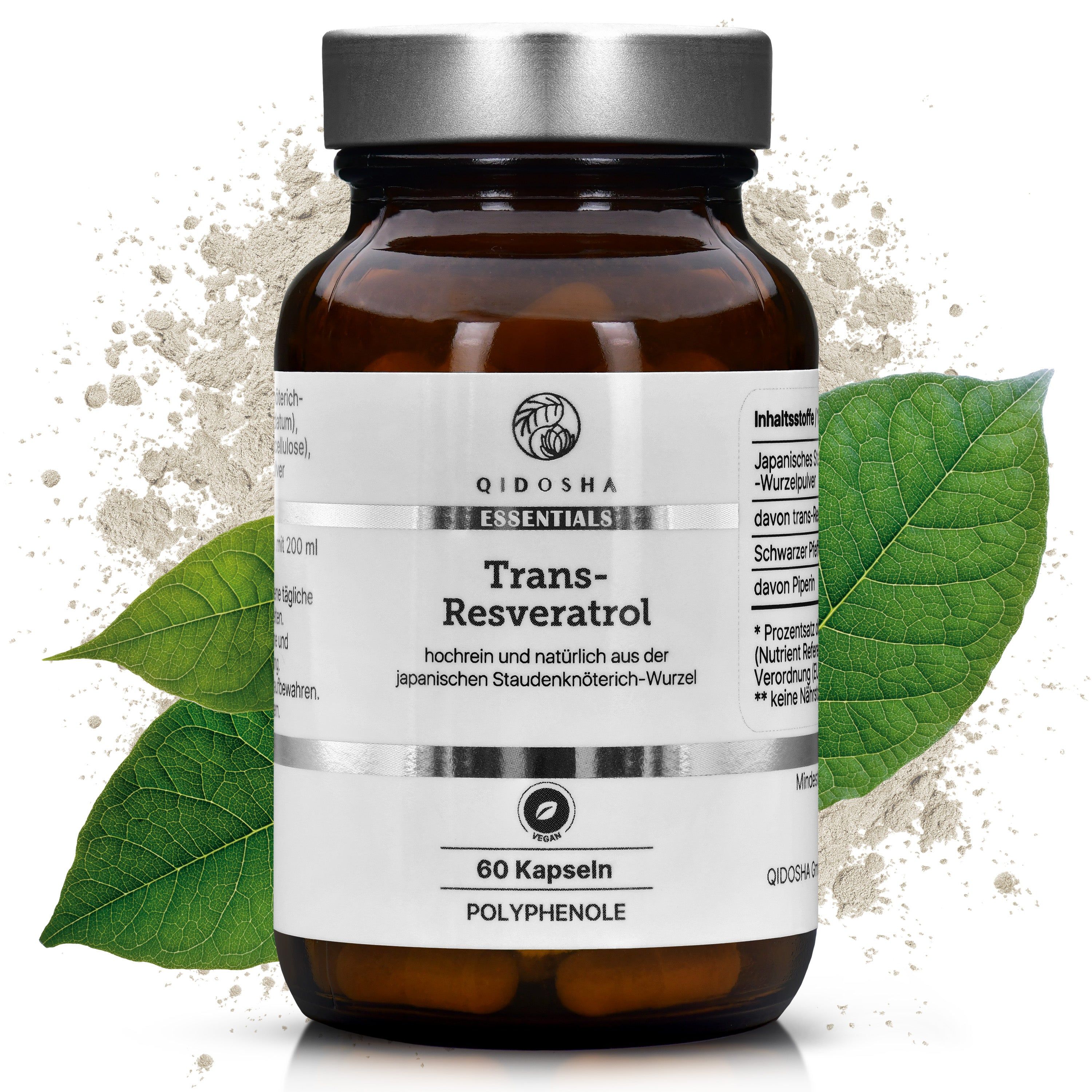 QIDOSHA Trans-Resveratrol Kapseln in Braunglasflasche, 60 Stück, umgeben von Blättern und Pulver.