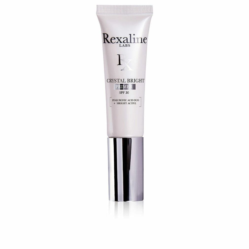 Weißer Creme-Tube mit Rexaline-Logo und Crystal Bright Primer SPF30. Enthält Hyaluronsäure und Vitamin C.