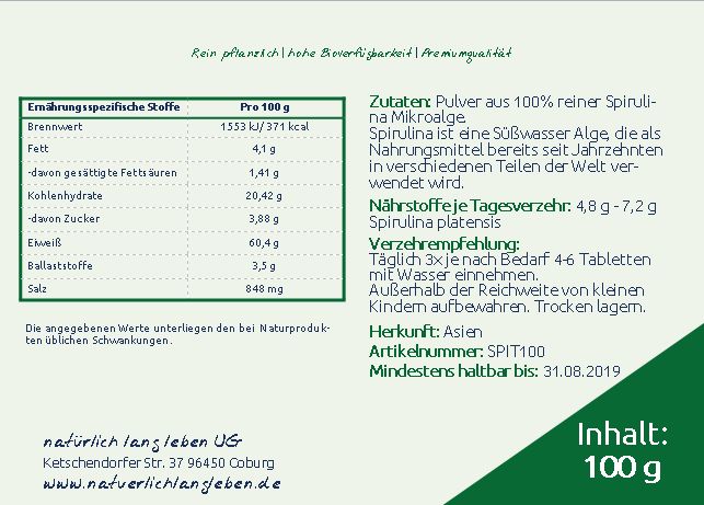 Nährwerttabelle und Text auf grünem Hintergrund. Text: Spirulina, 100g Inhalt, Herkunft Asien.