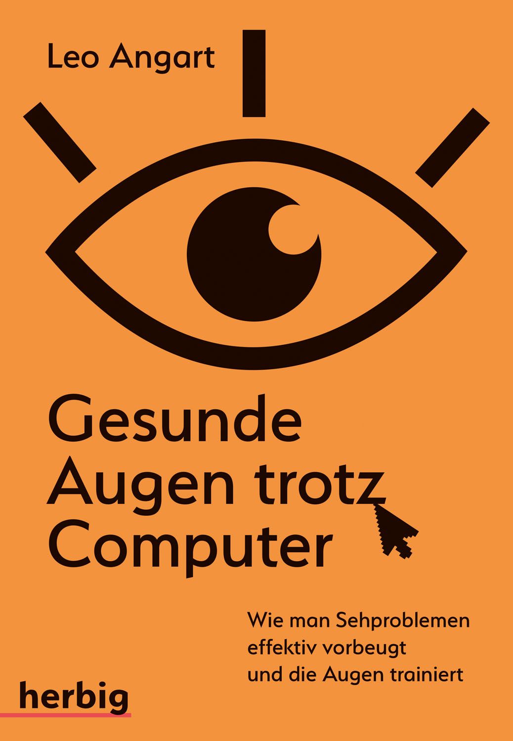 Buchcover mit orangefarbenem Hintergrund. Titel: Gesunde Augen trotz Computer. Autor: Leo Angart. Verlag: herbig. Illustration: Auge mit Strahlen.