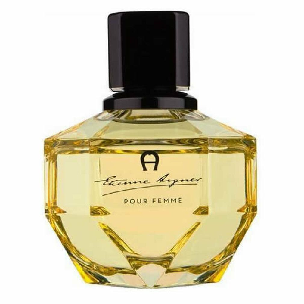 Etienne Aigner Pour Femme EdP. Flakon mit schwarzem Deckel, gelber Flüssigkeit. Logo und Schriftzug auf dem Flakon.