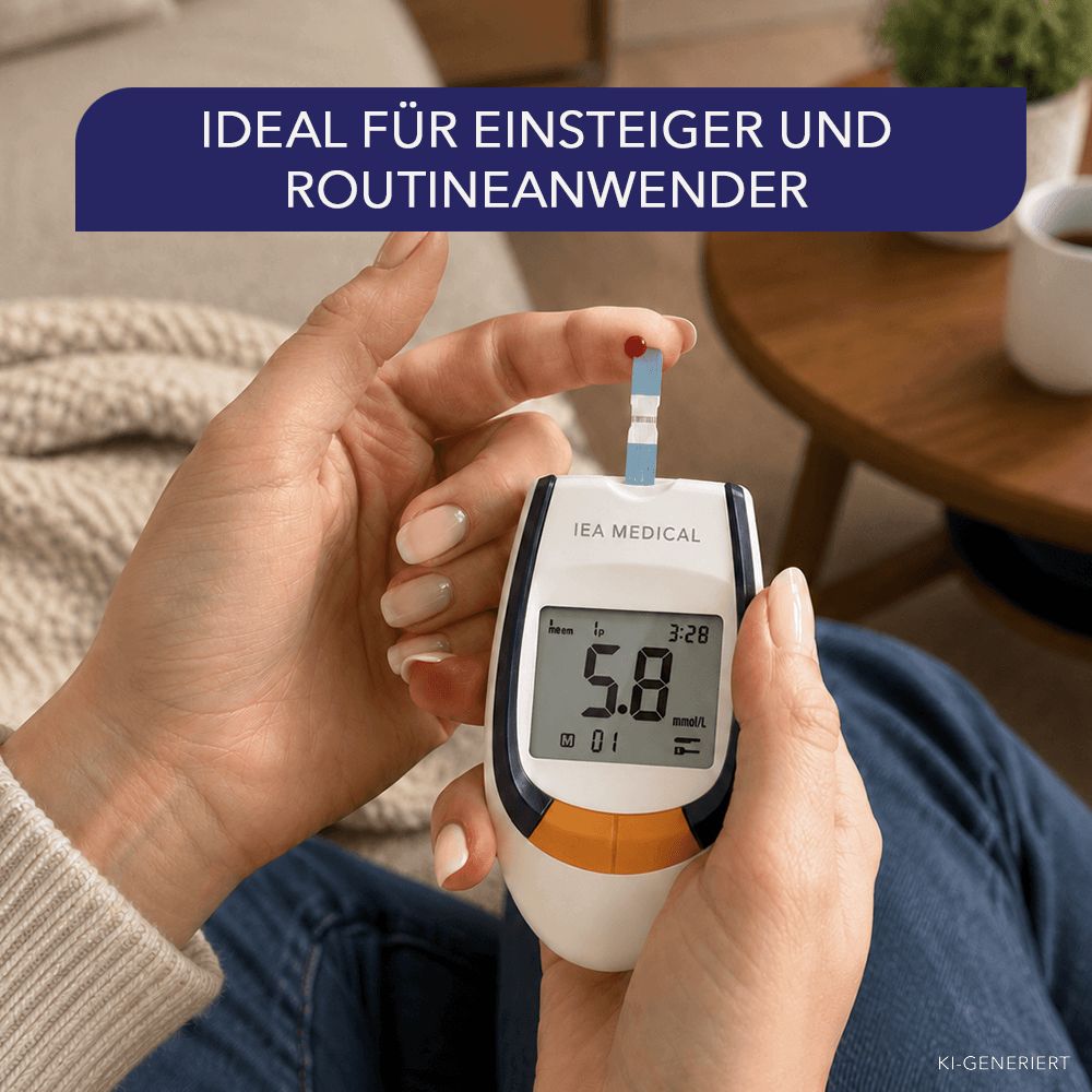 Person benutzt Blutzuckermessgerät mit Teststreifen zur Blutzuckermessung.