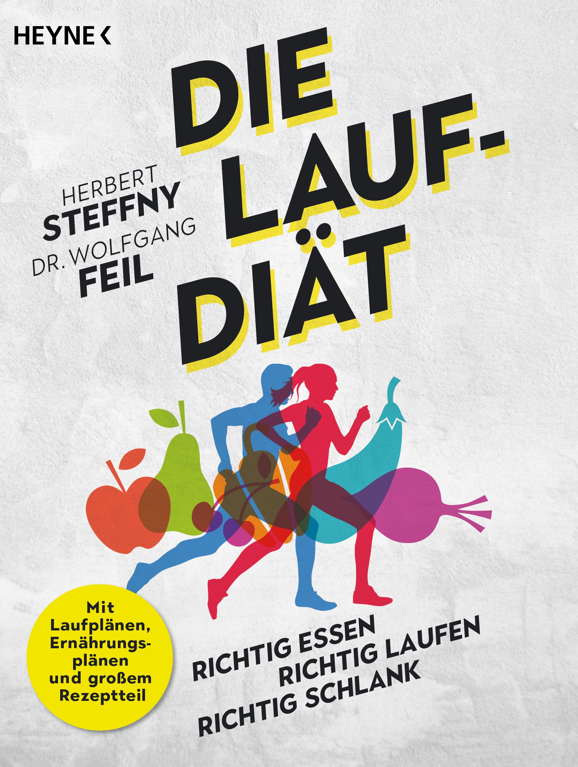 Buchcover: "Die Lauf-Diät". Titel in Schwarz-Gelb. Autoren: Herbert Steffny, Dr. Wolfgang Feil. Illustration von Läufern und Obst.