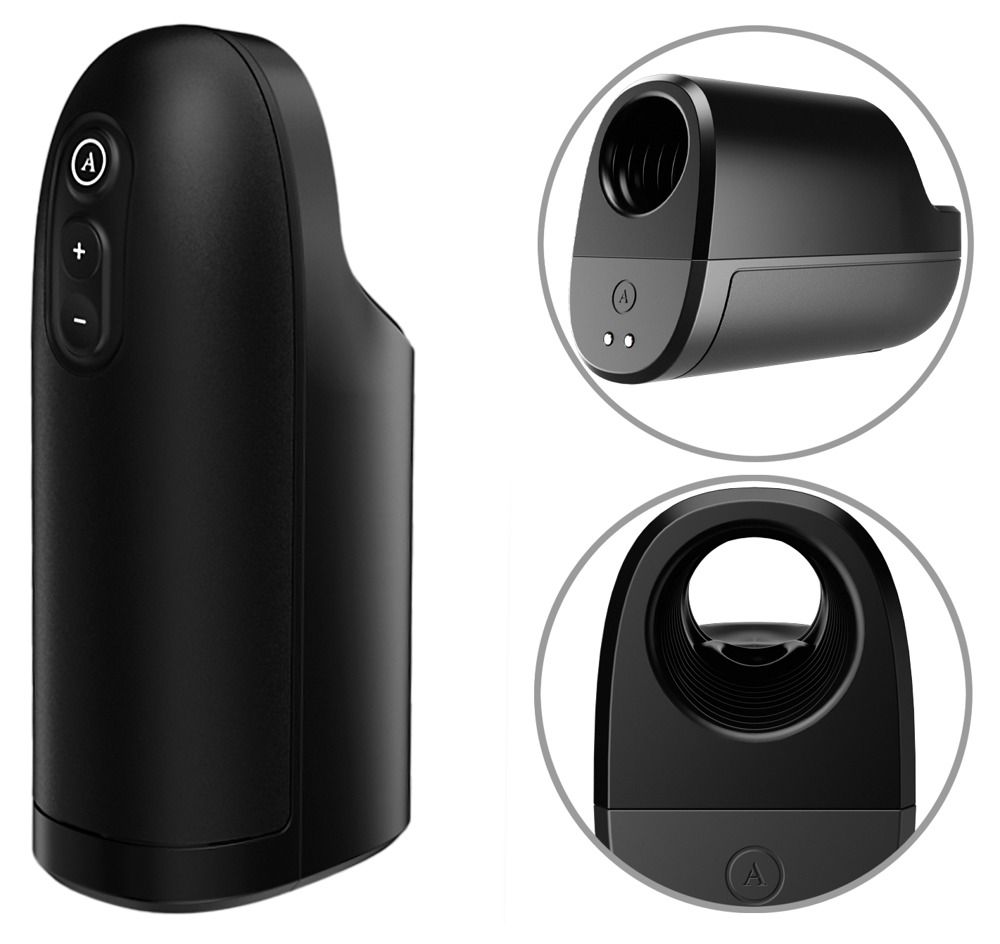 Schwarzes, zylindrisches Gerät mit Bedienknöpfen. Zusätzliche Ansichten zeigen eine Öffnung und eine seitliche Ansicht.